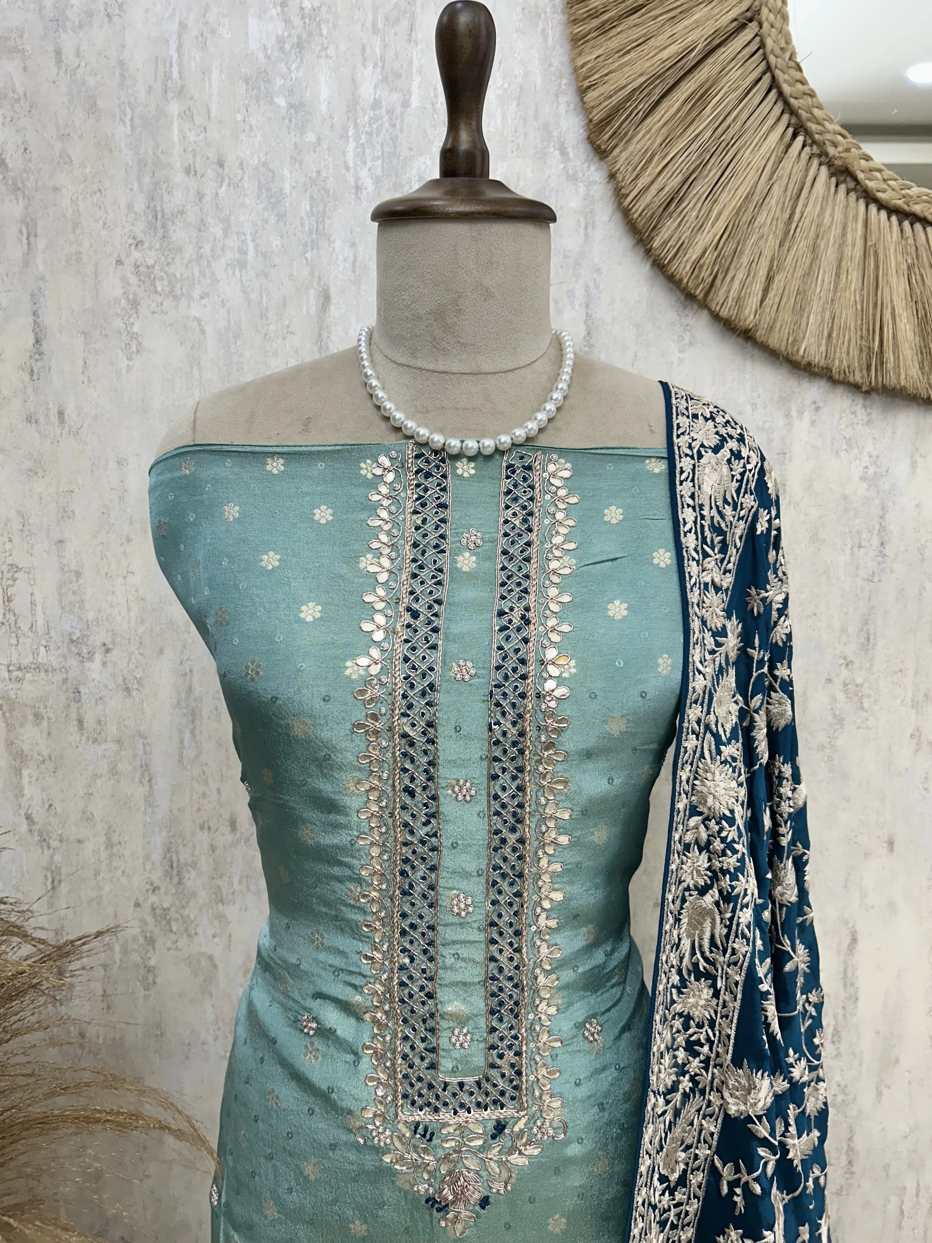 Tissue Silk Unstitched Suit Set With Parsi Dupatta