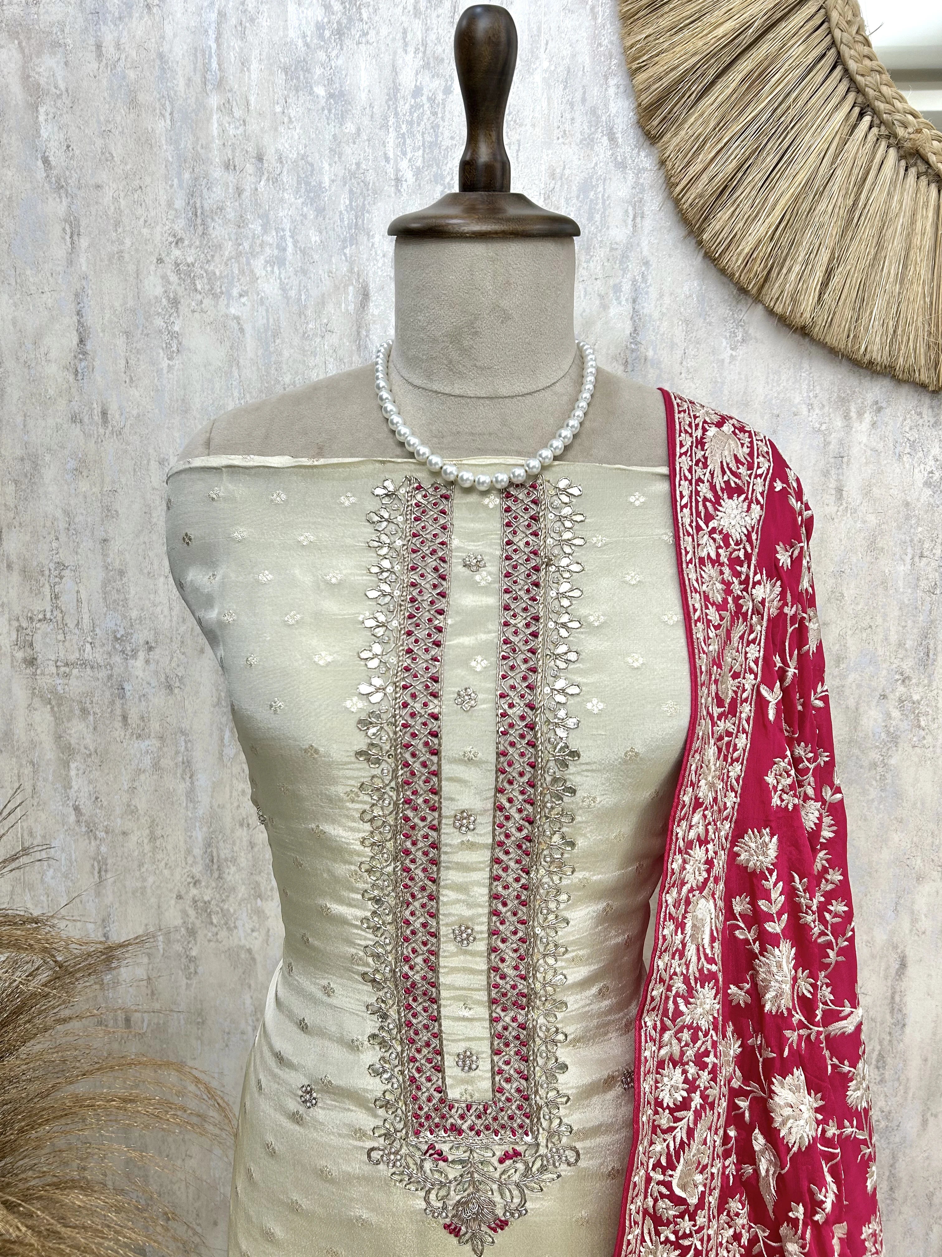 Tissue Silk Unstitched Suit Set With Contrast Dupatta