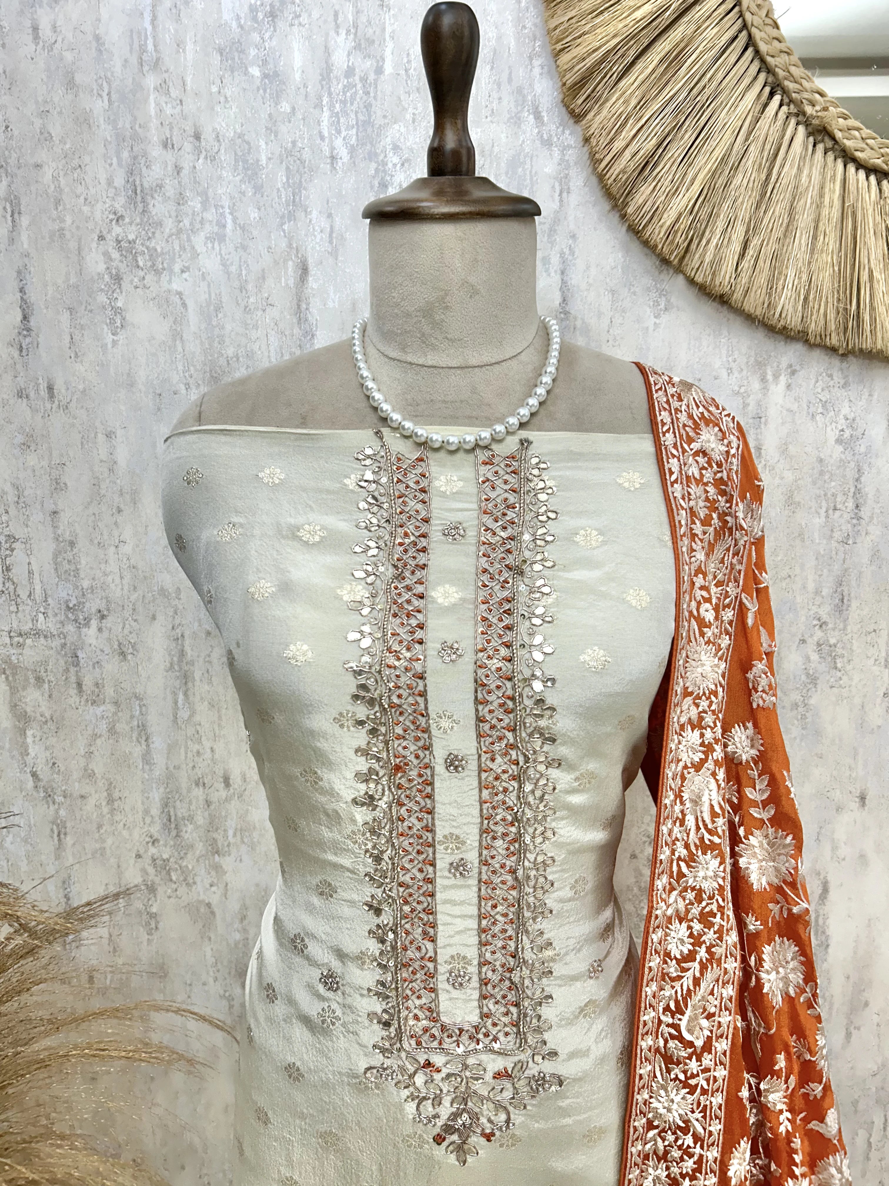 Tissue Silk Unstitched Suit Set With Contrast Dupatta