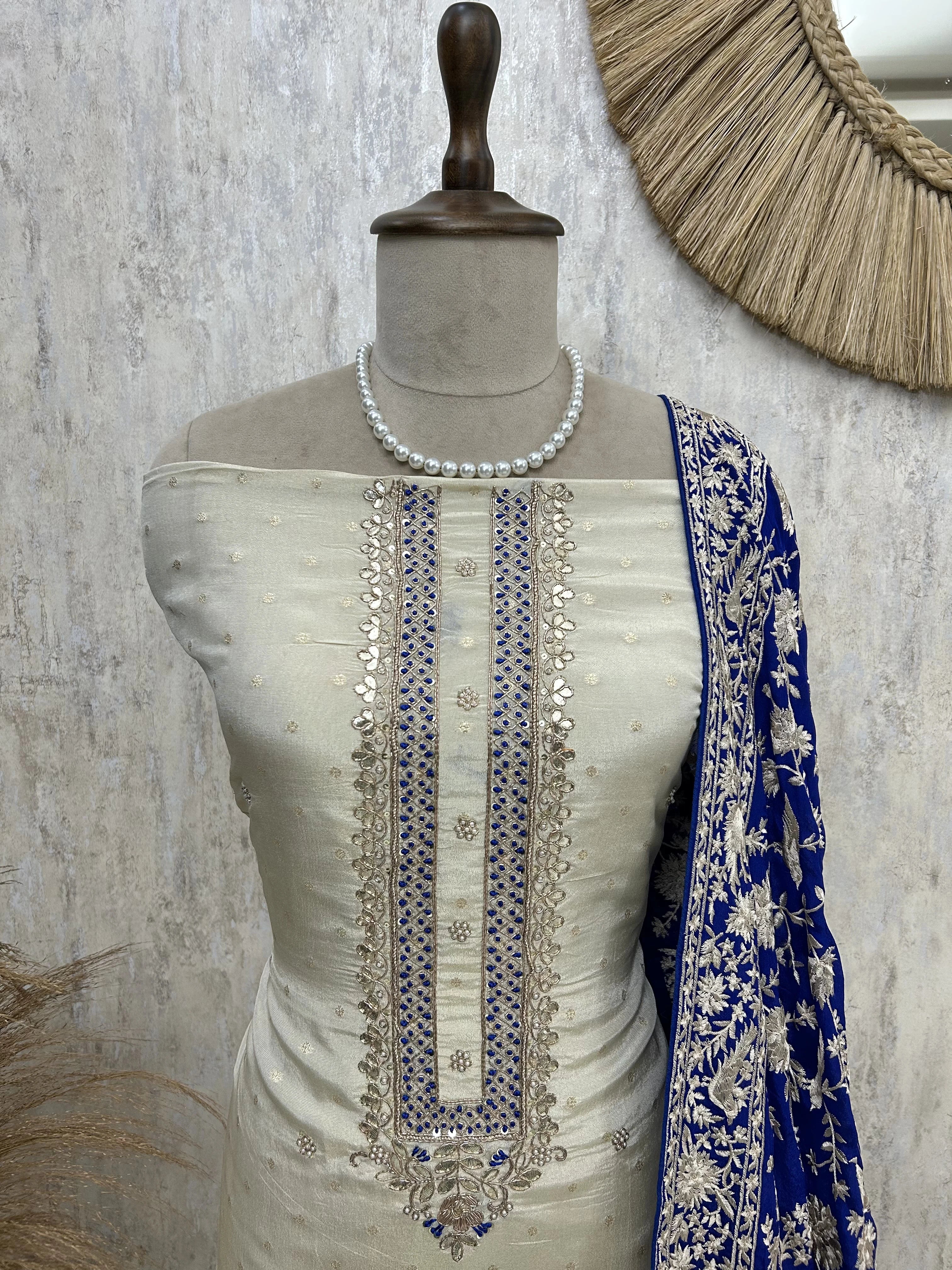 Tissue Silk Unstitched Suit Set With Contrast Dupatta