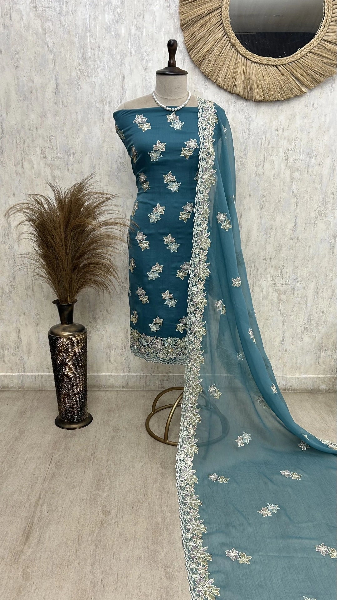 Chiffon Organza Unstitched Suit with Floral Embroidery