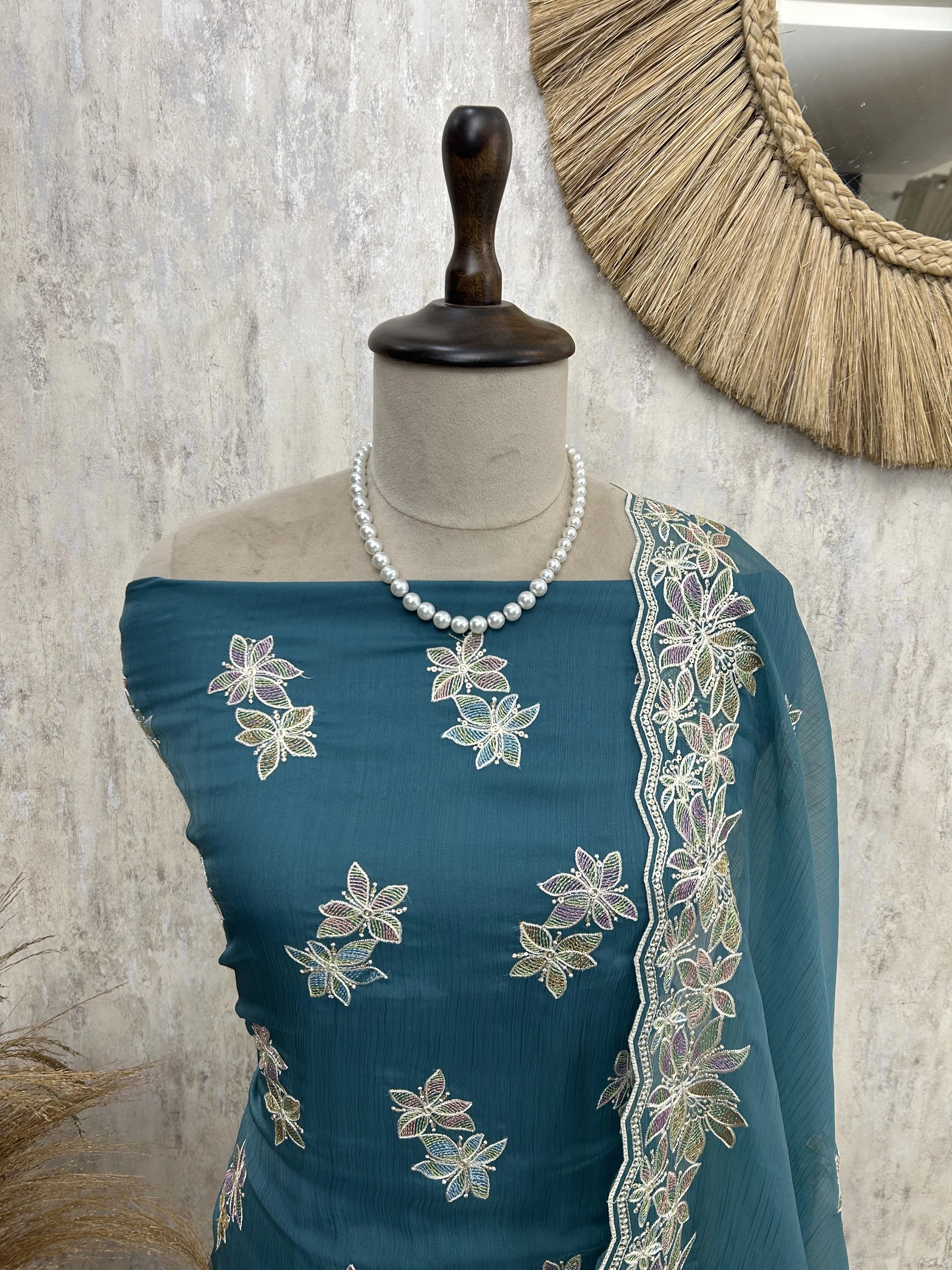 Chiffon Organza Unstitched Suit with Floral Embroidery