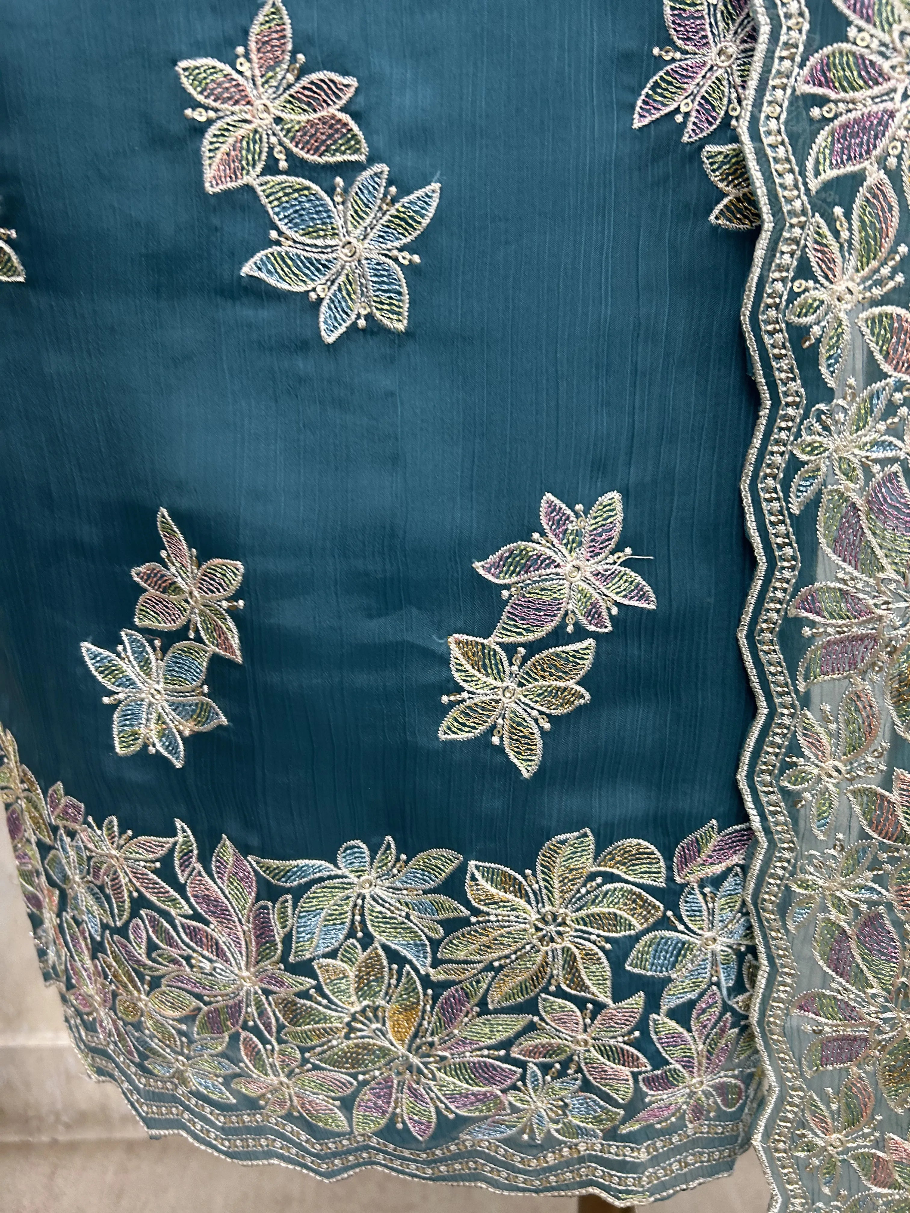 Chiffon Organza Unstitched Suit with Floral Embroidery