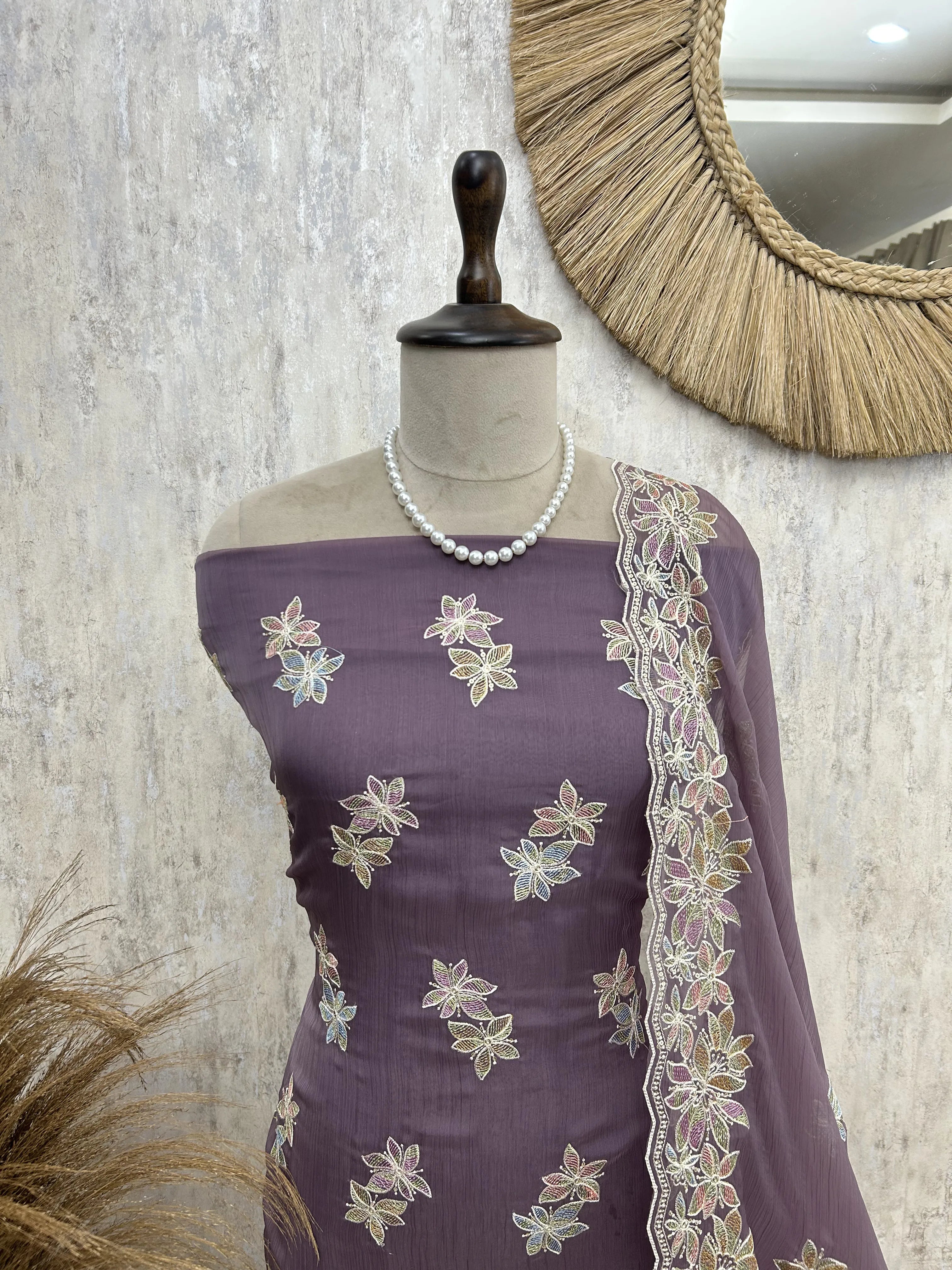 Chiffon Organza Unstitched Suit with Floral Embroidery