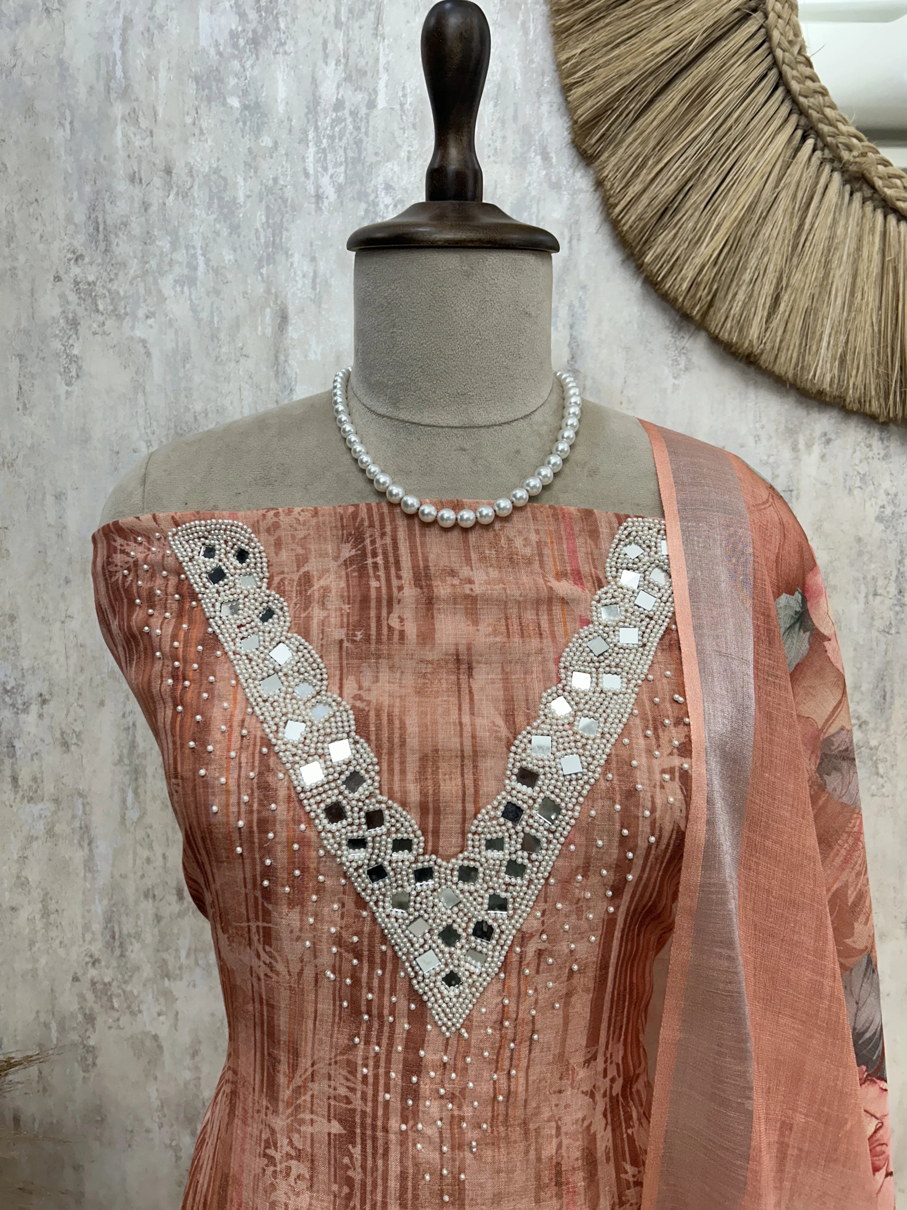 Linen Unstitched Suit Set With Mirror Work