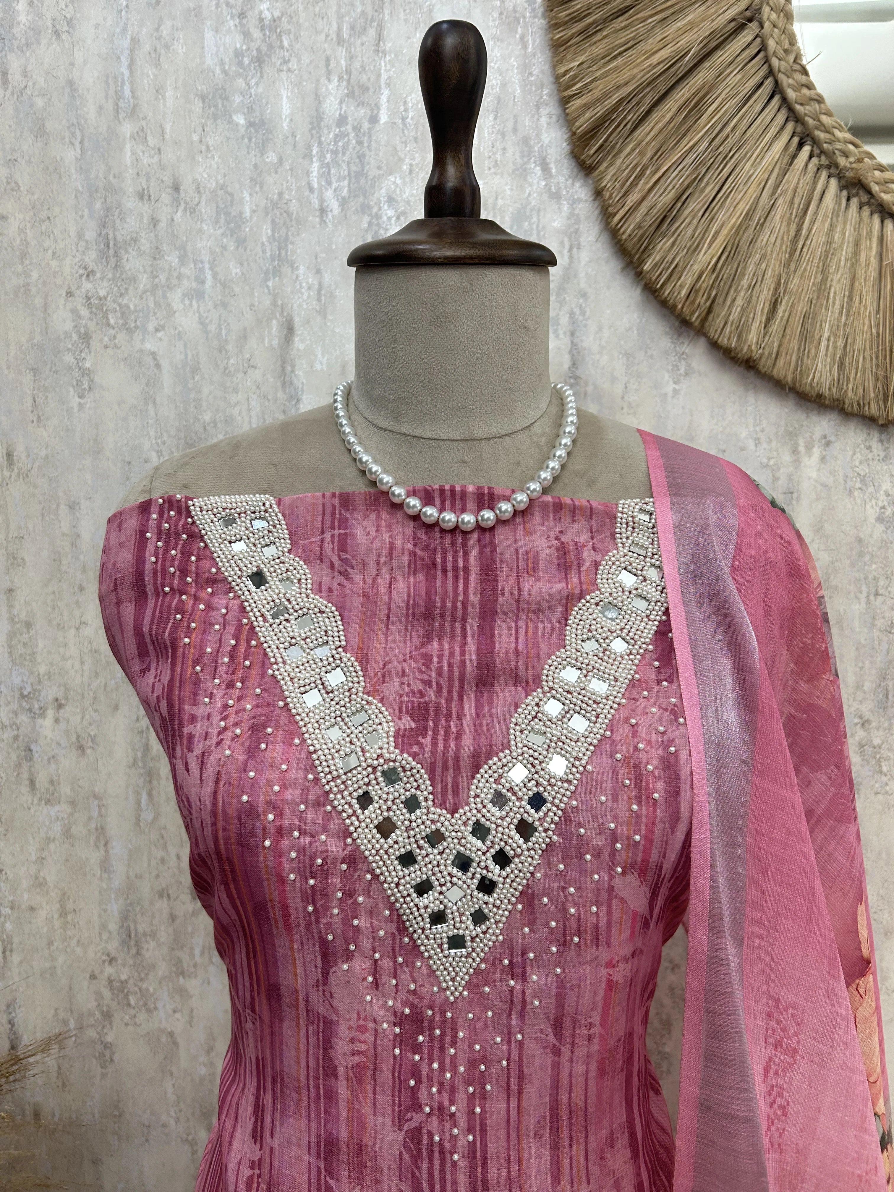 Linen Unstitched Suit Set With Mirror Work