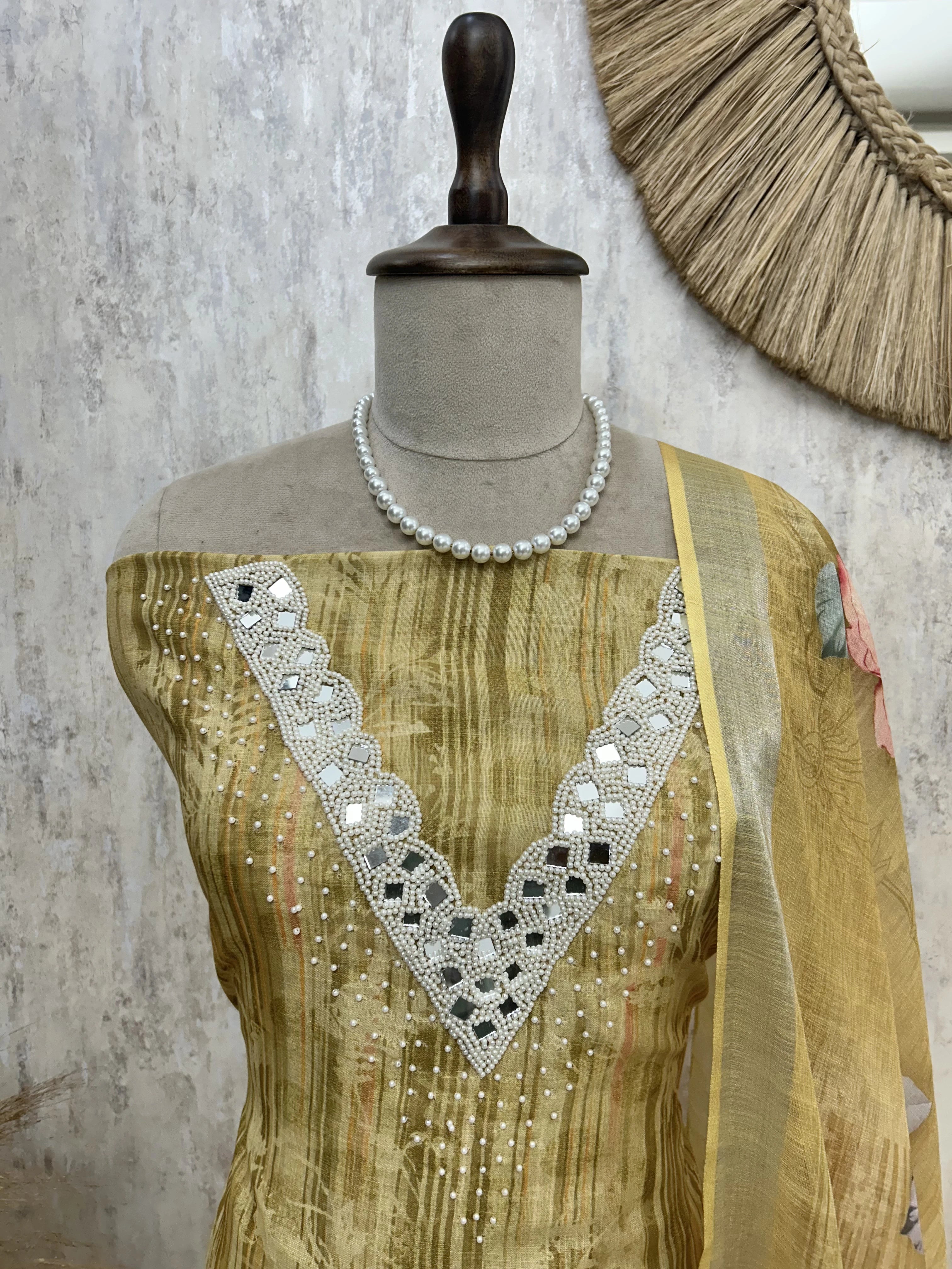Linen Unstitched Suit Set With Mirror Work