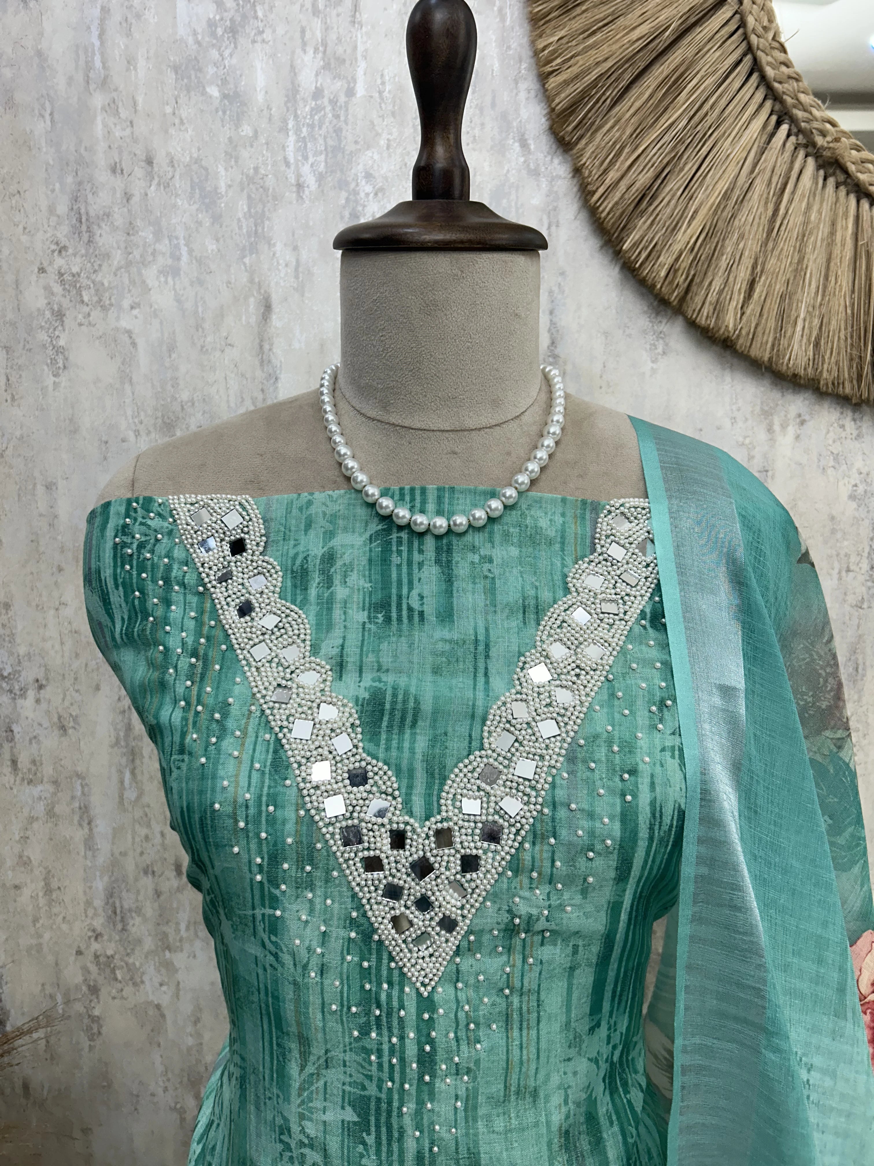 Linen Unstitched Suit Set With Mirror Work