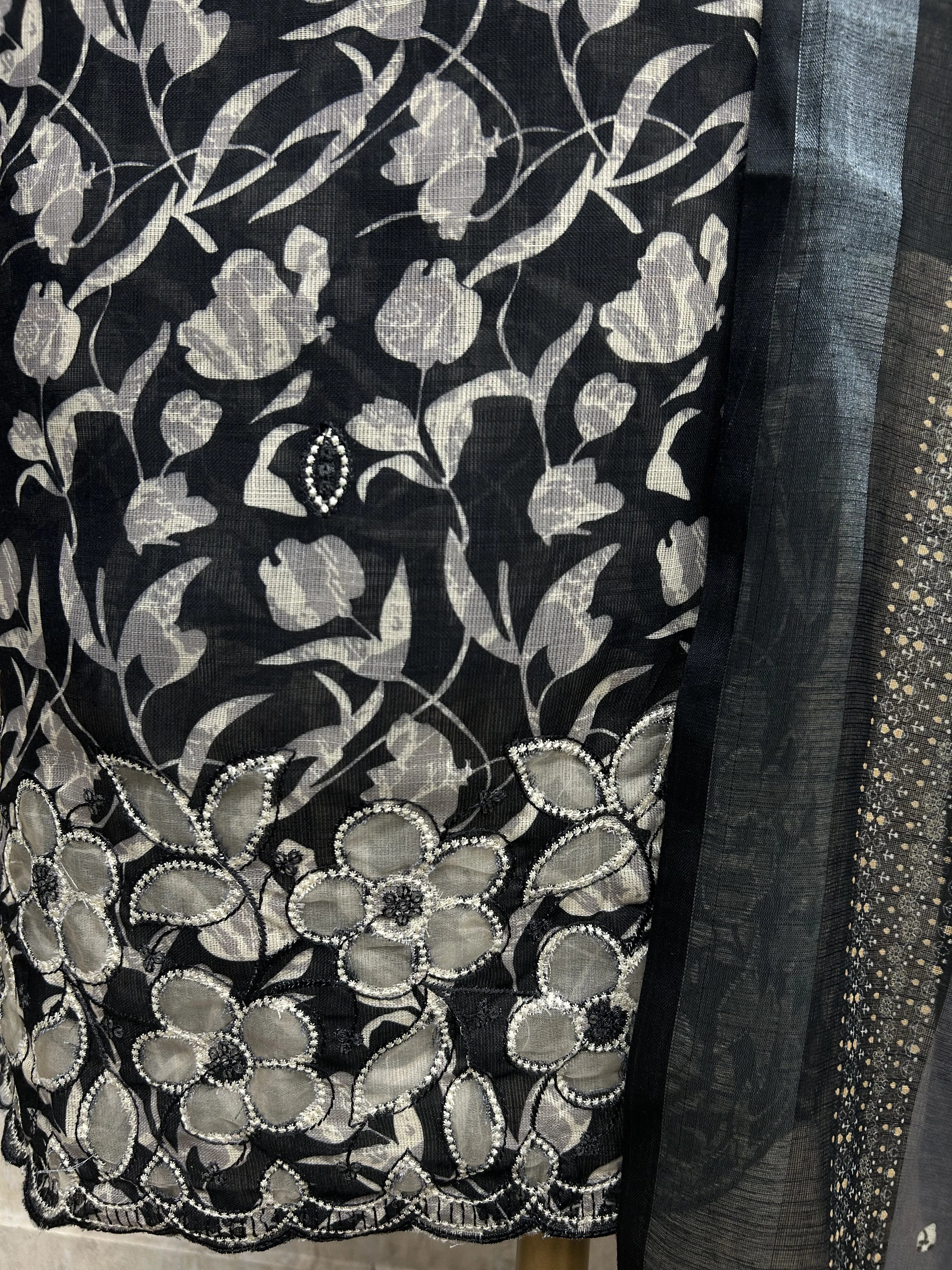 Printed Linen Unstitched Suit Set With Pearl Work on Hemline