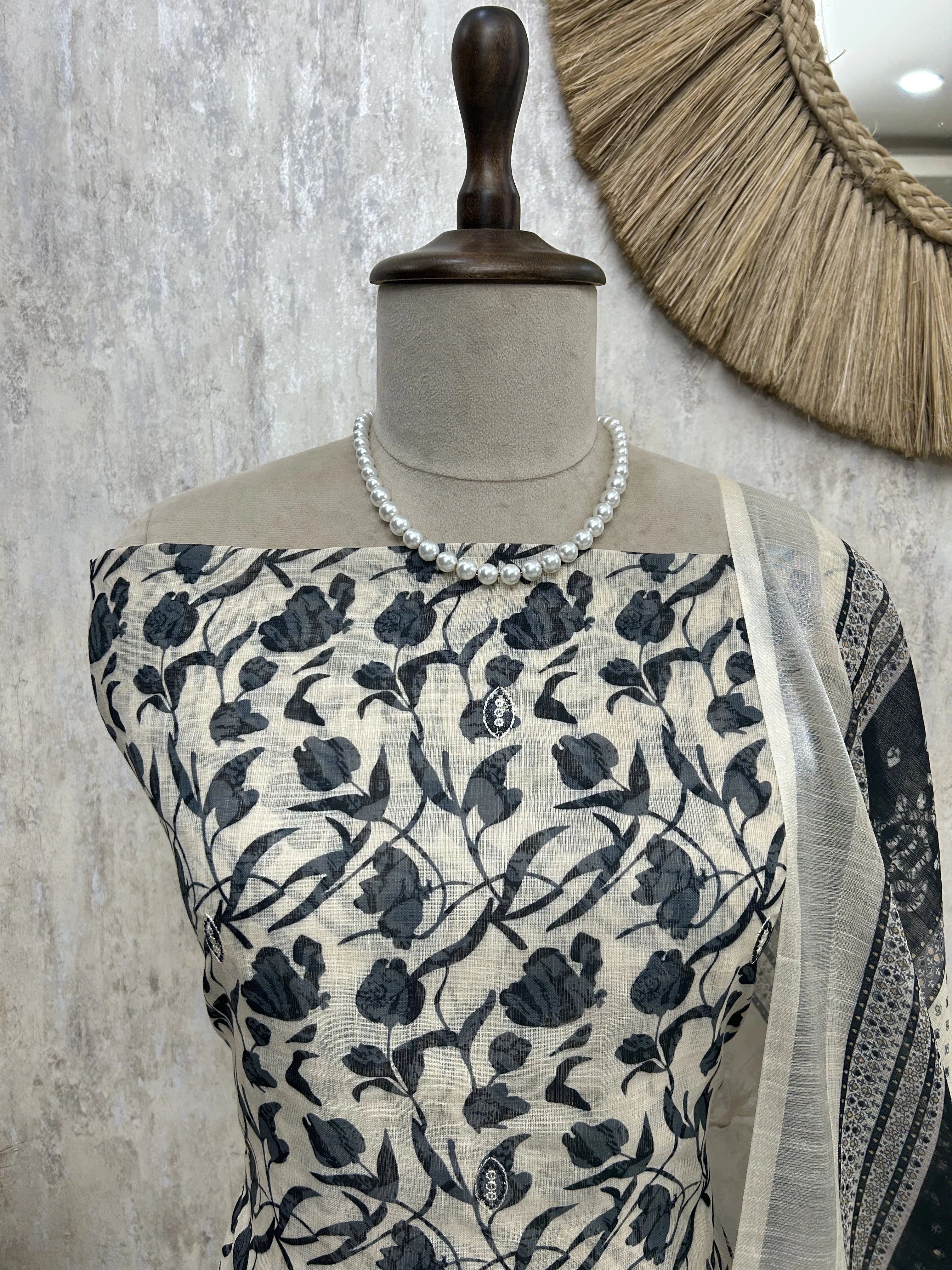 Printed Linen Unstitched Suit Set With Pearl Work on Hemline