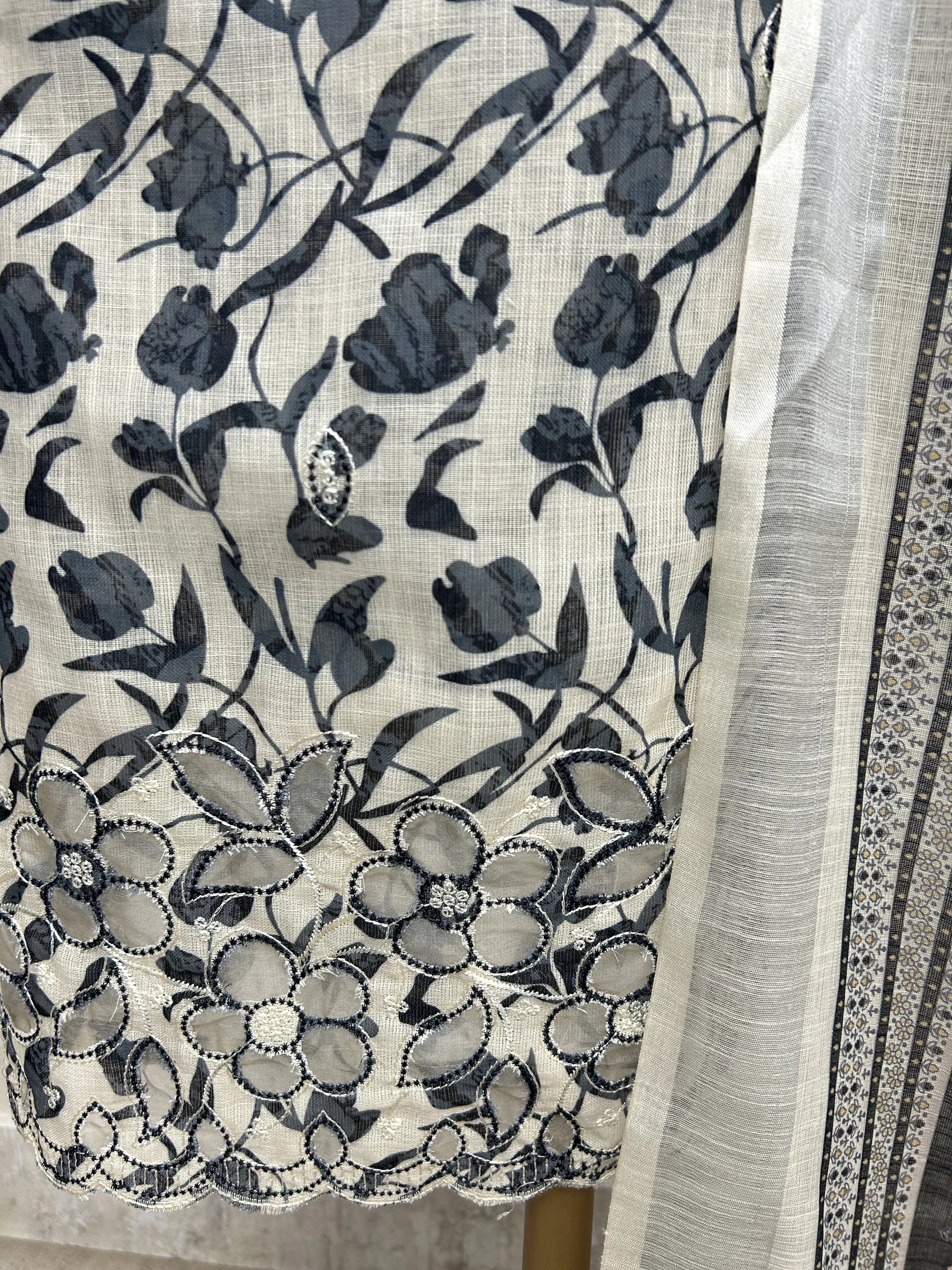 Printed Linen Unstitched Suit Set With Pearl Work on Hemline