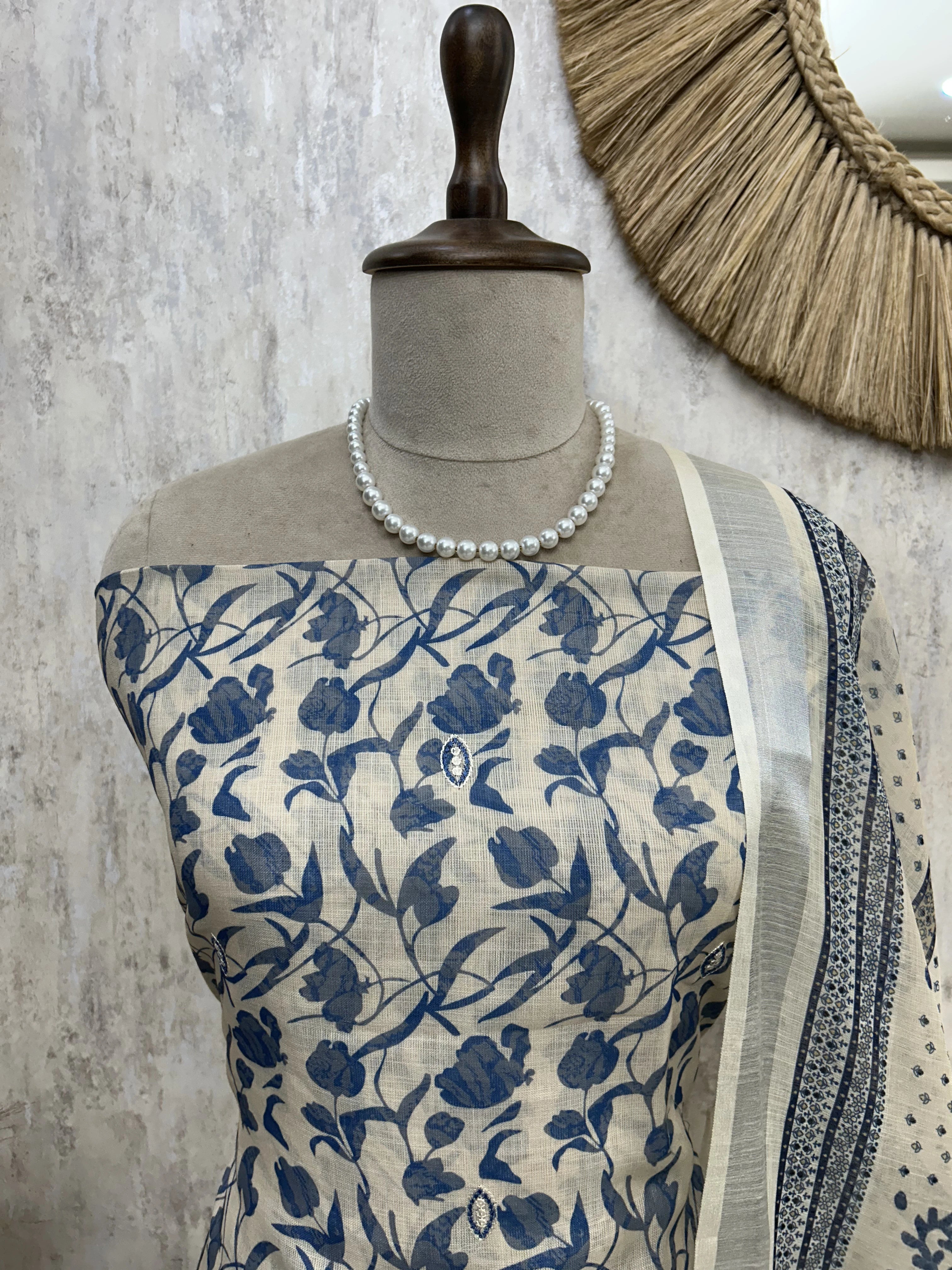 Printed Linen Unstitched Suit Set With Pearl Work on Hemline