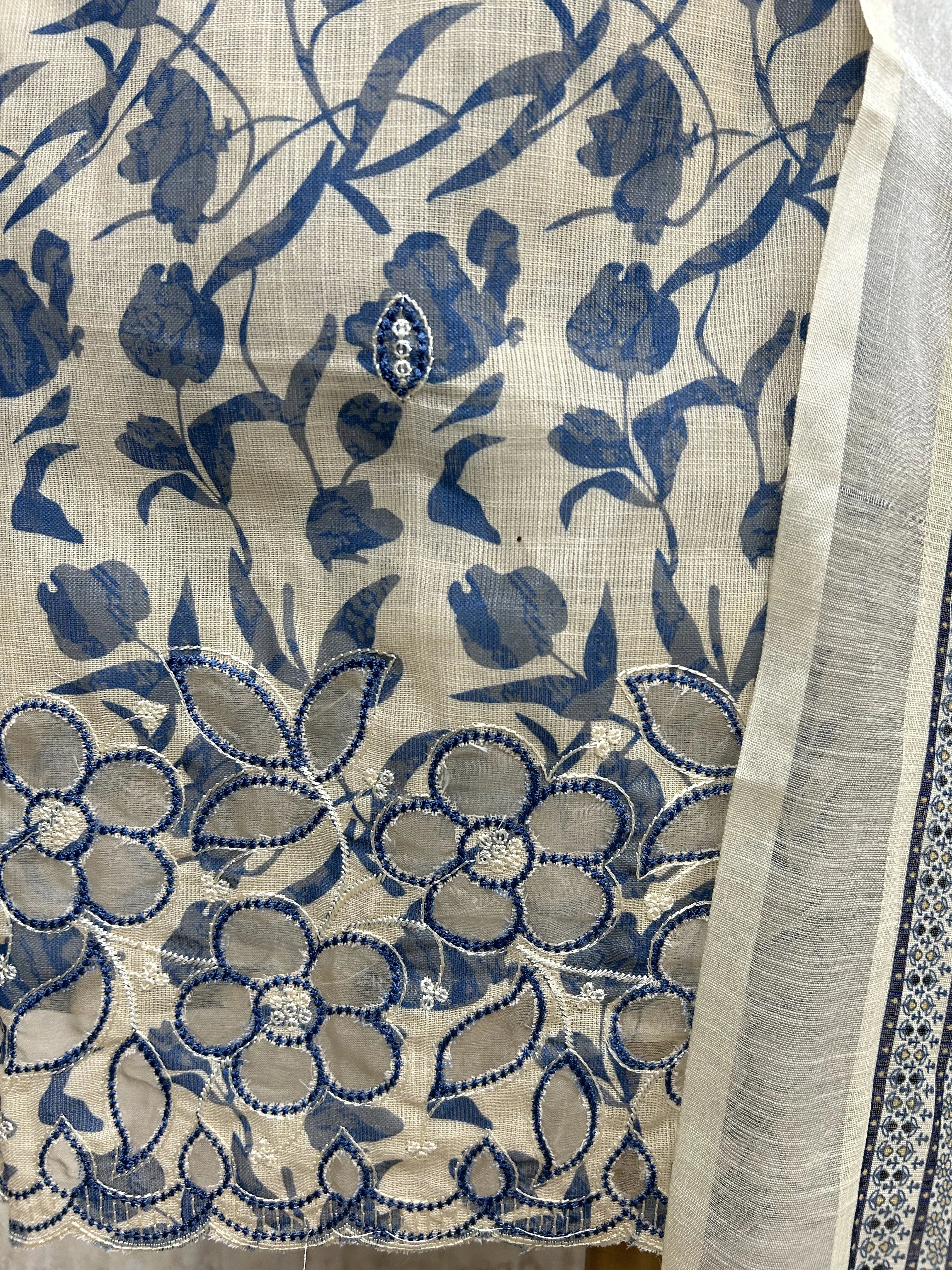 Printed Linen Unstitched Suit Set With Pearl Work on Hemline