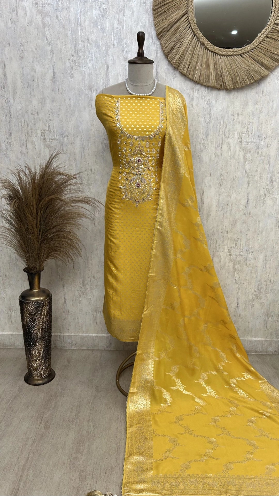 Dola Silk Unstitched Suit Set With Zardozi Neckline