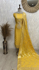Dola Silk Unstitched Suit Set With Zardozi Neckline