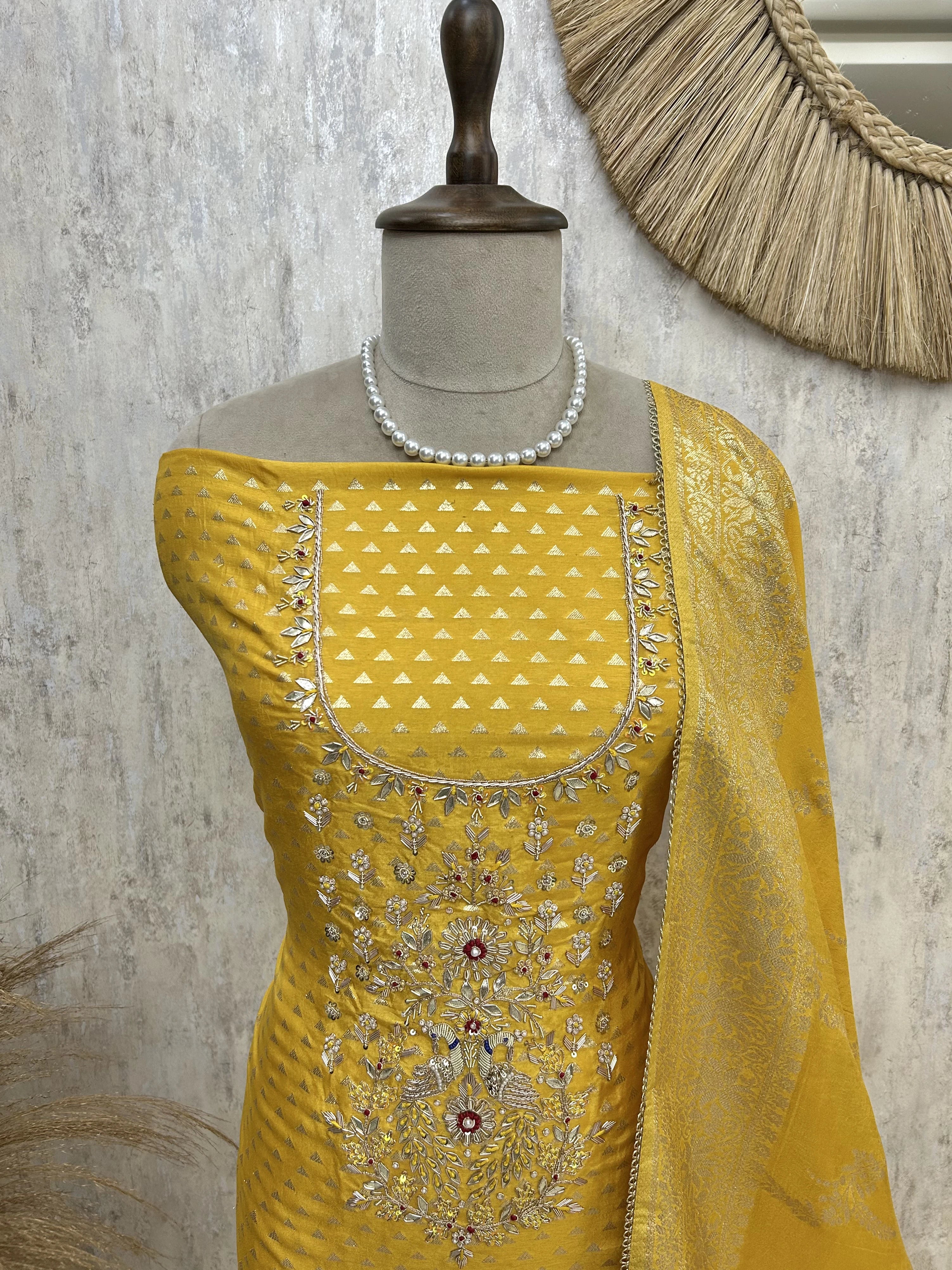 Dola Silk Unstitched Suit Set With Zardozi Neckline