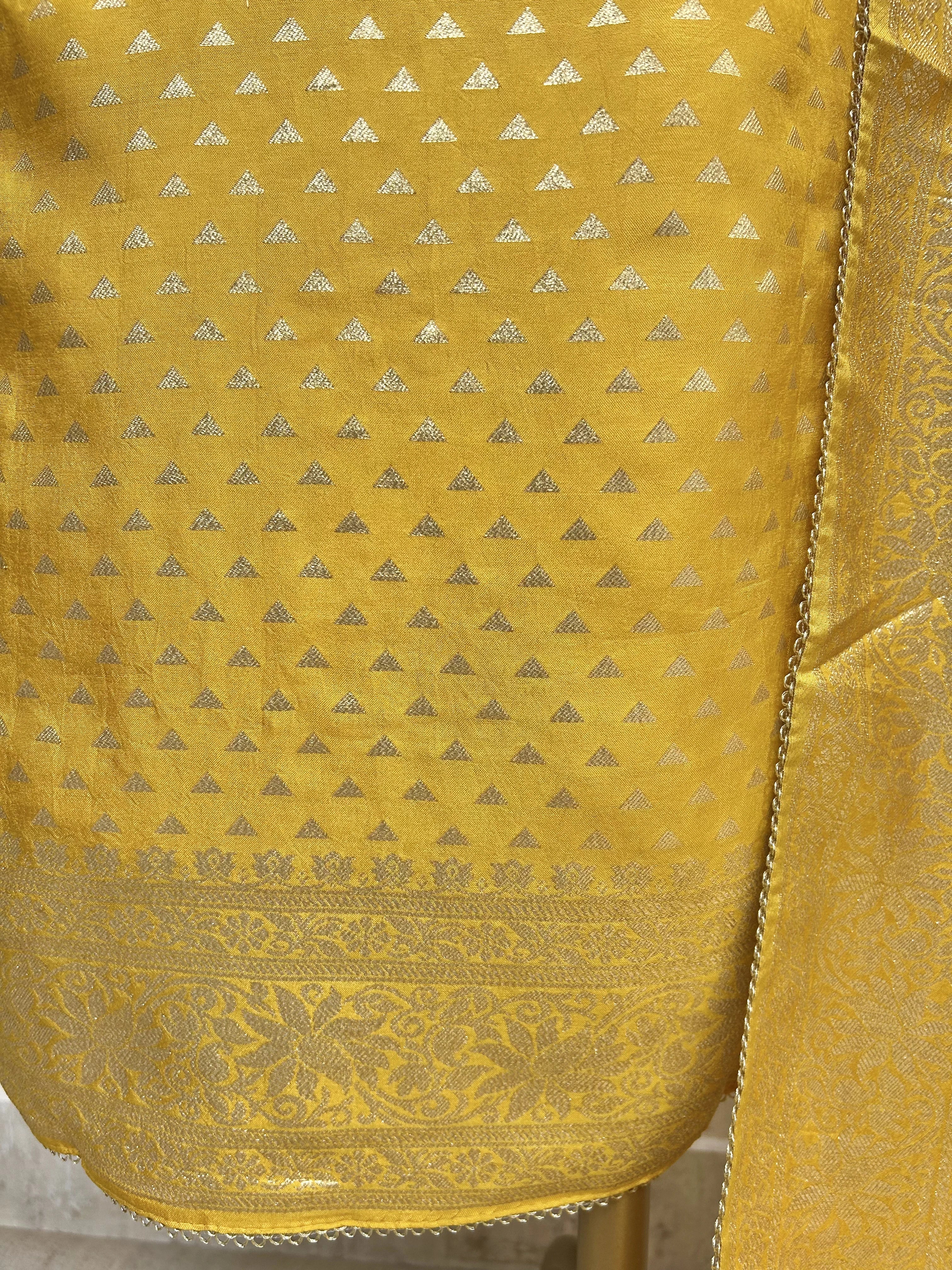 Dola Silk Unstitched Suit Set With Zardozi Neckline