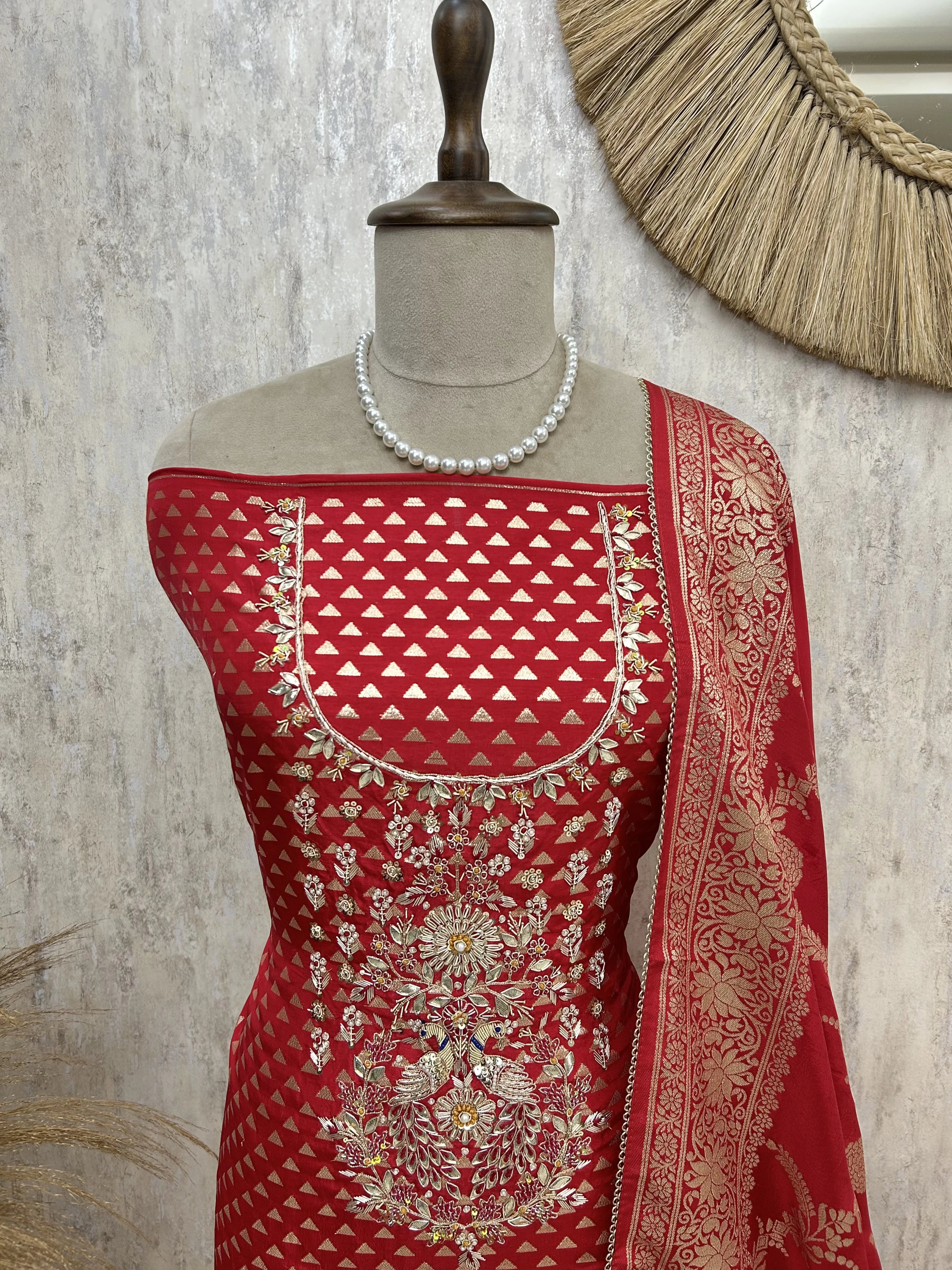 Dola Silk Unstitched Suit Set With Zardozi Neckline