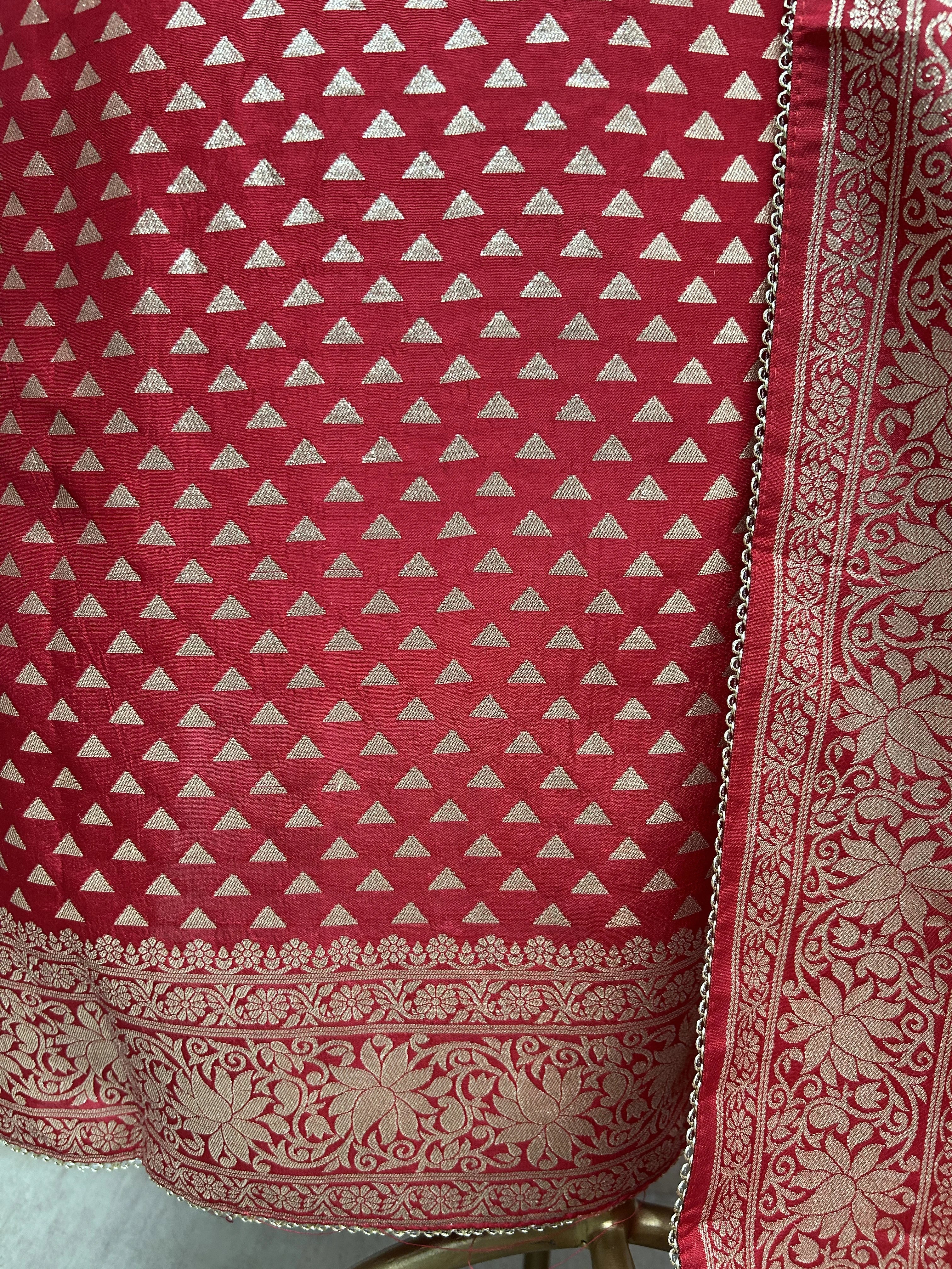 Dola Silk Unstitched Suit Set With Zardozi Neckline