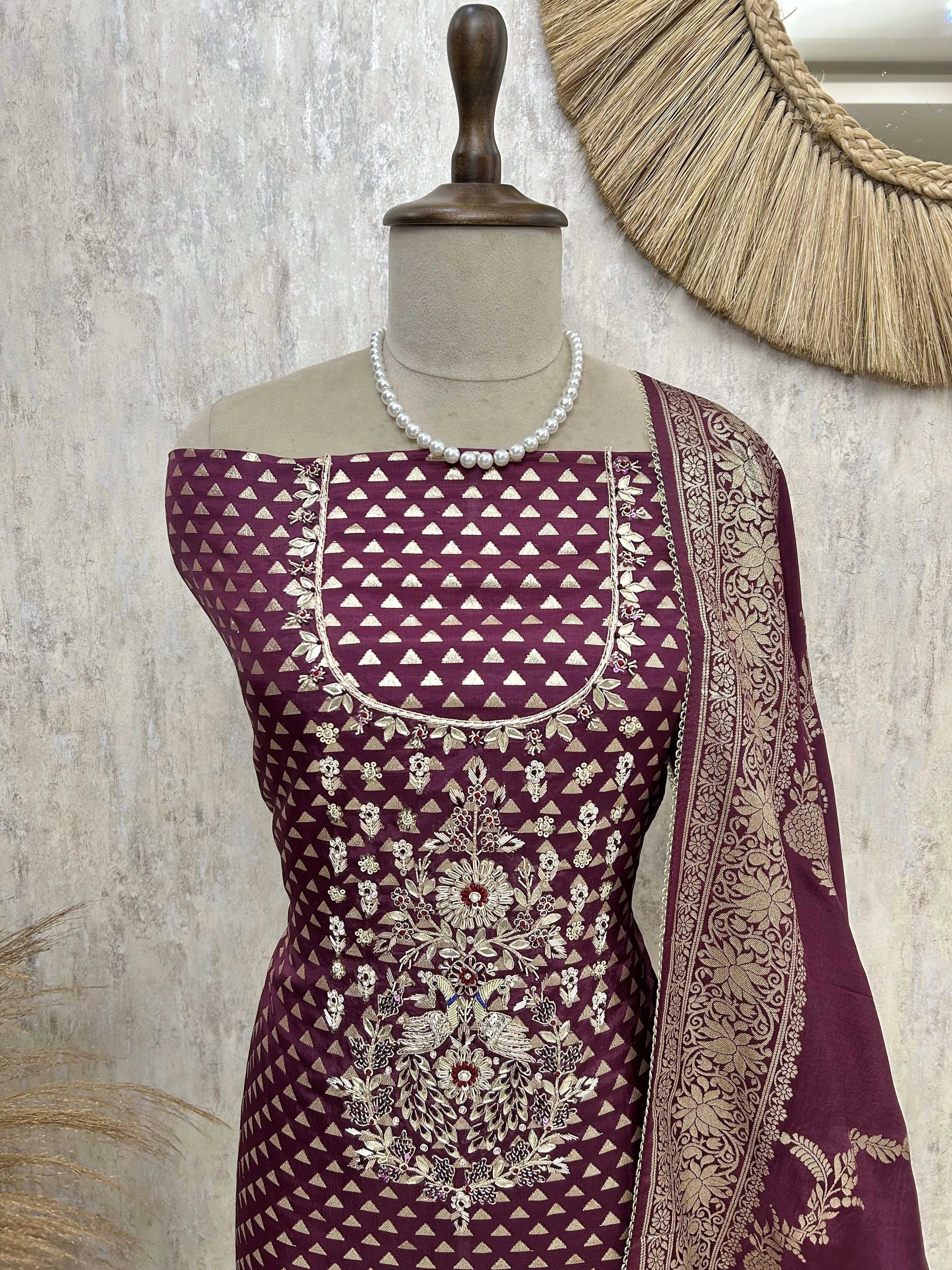 Dola Silk Unstitched Suit Set With Zardozi Neckline