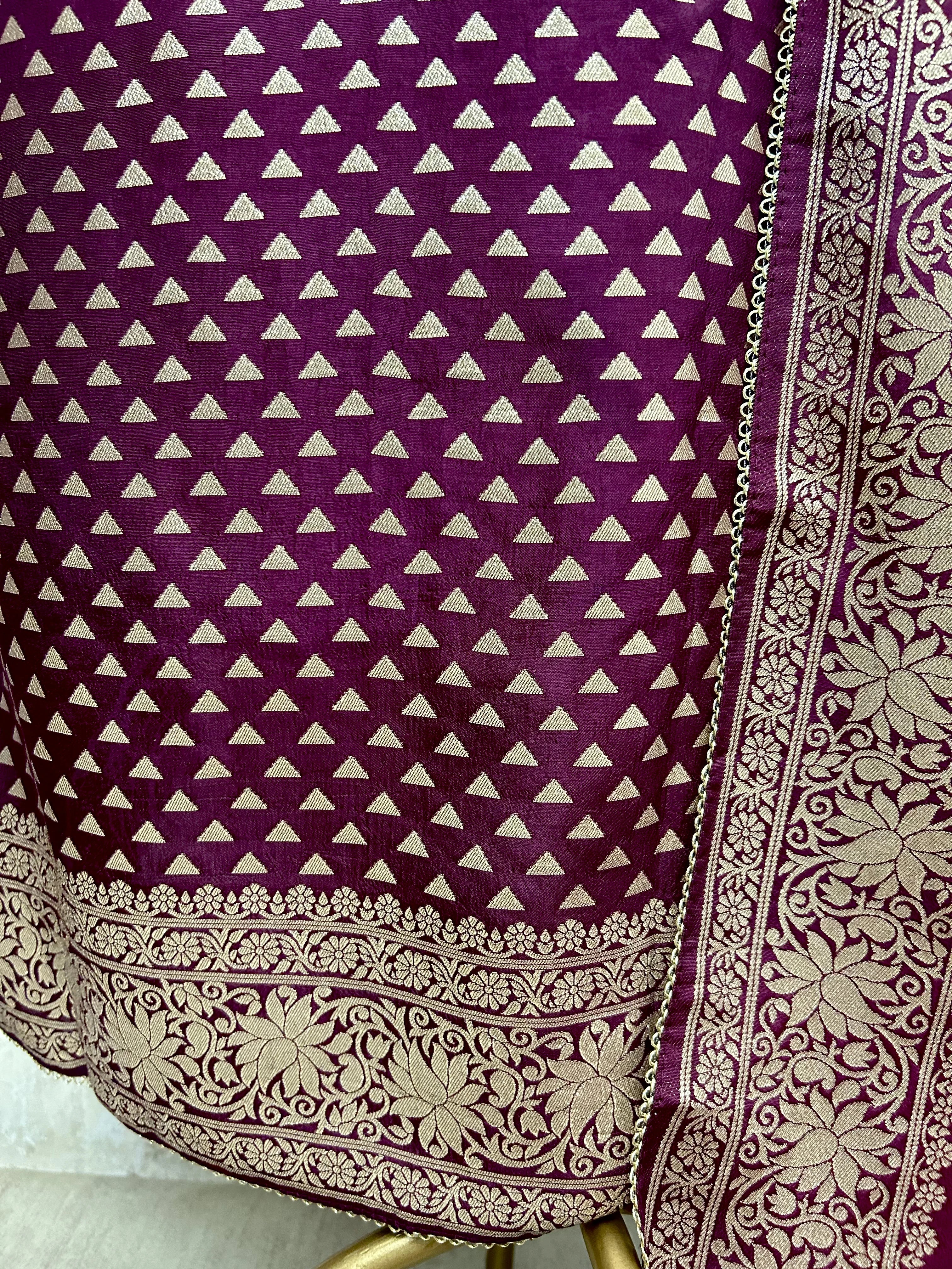 Dola Silk Unstitched Suit Set With Zardozi Neckline
