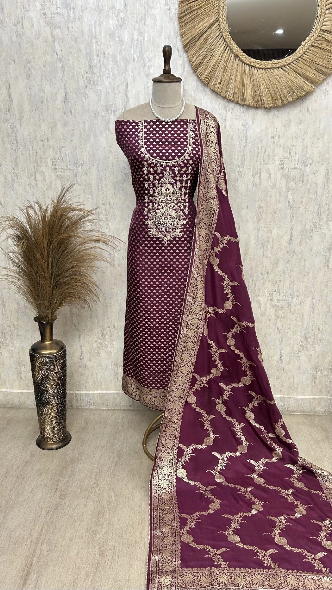 Dola Silk Unstitched Suit Set With Zardozi Neckline