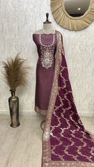 Dola Silk Unstitched Suit Set With Zardozi Neckline