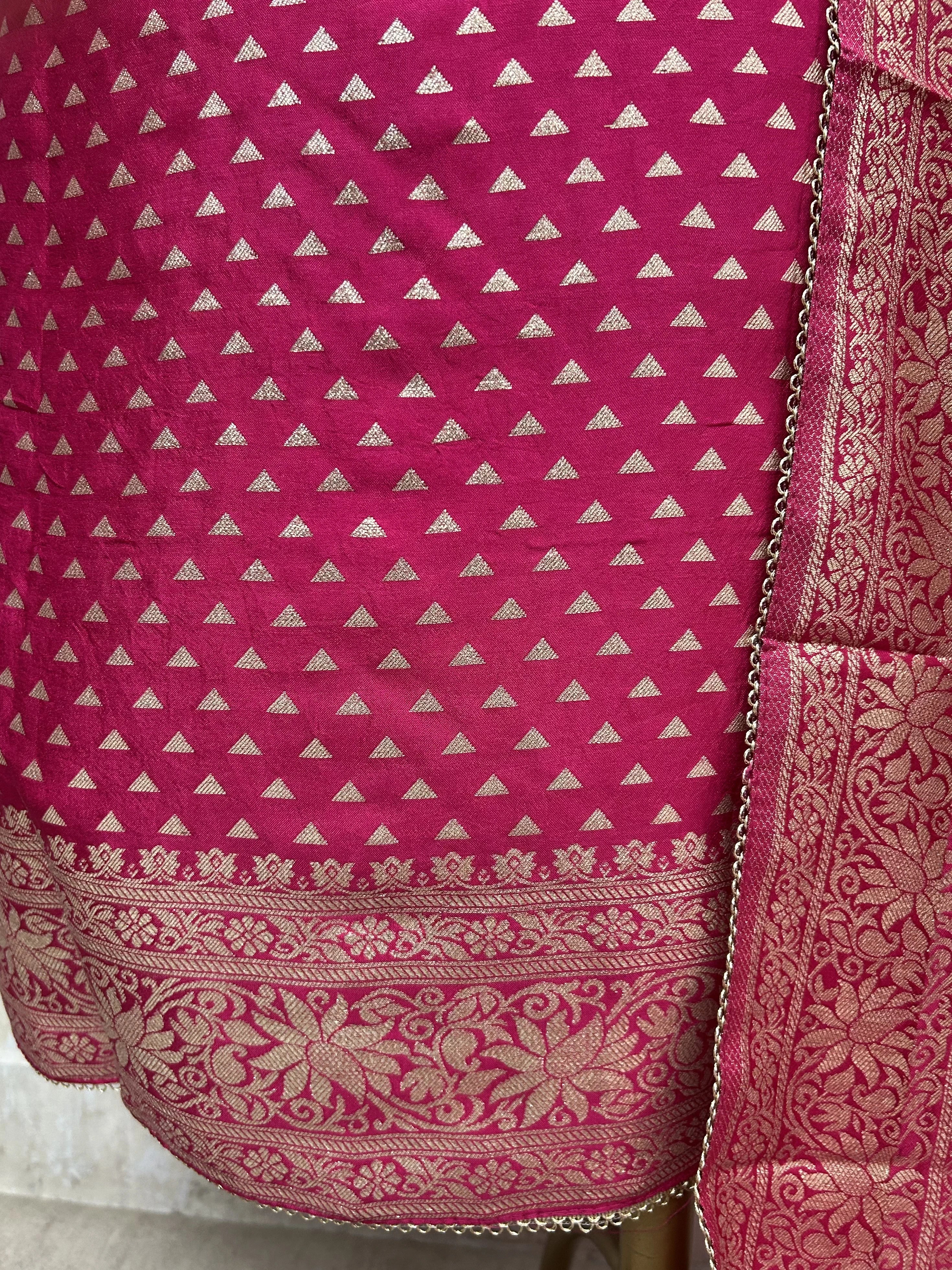 Dola Silk Unstitched Suit Set With Zardozi Neckline