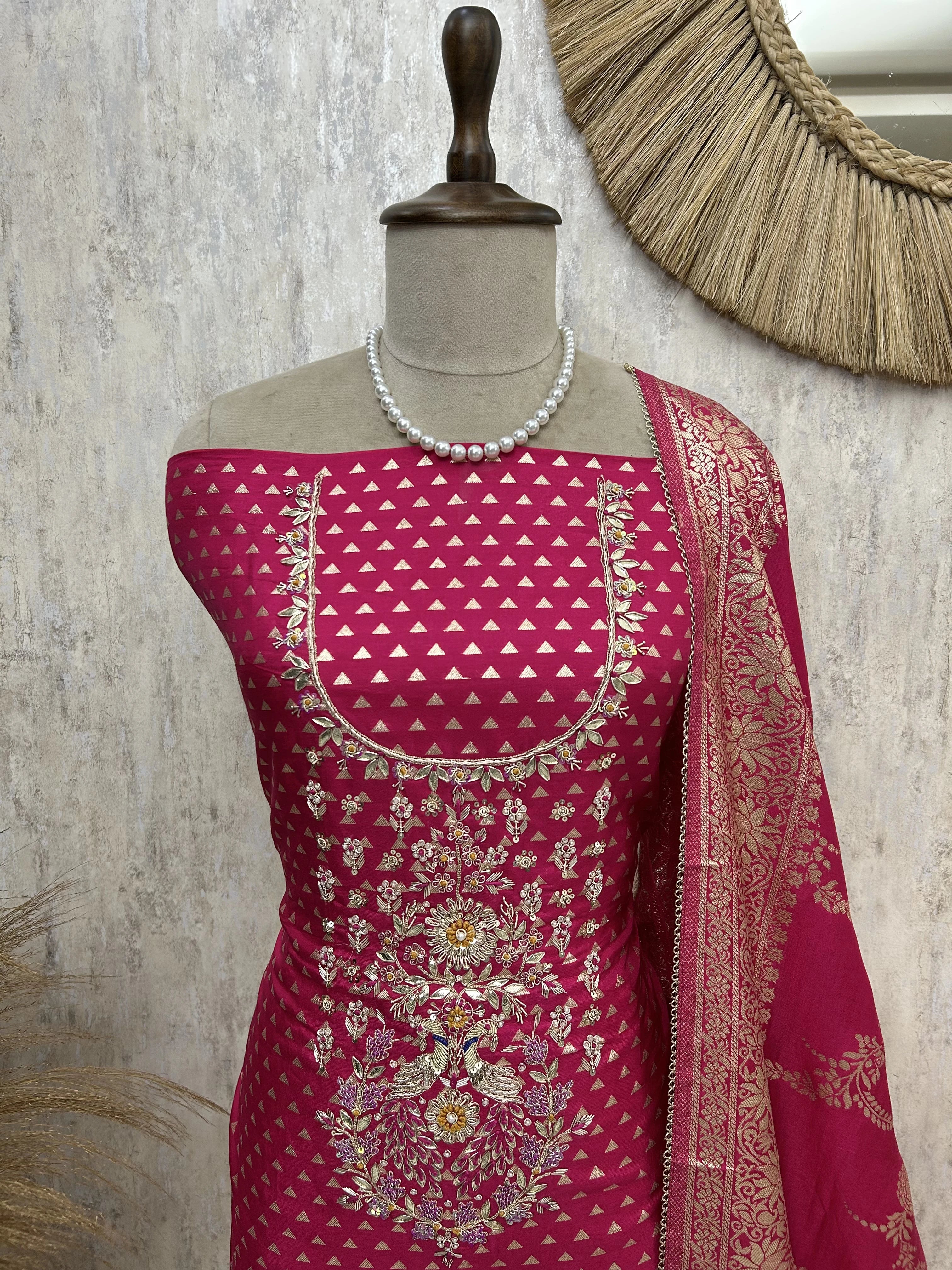 Dola Silk Unstitched Suit Set With Zardozi Neckline