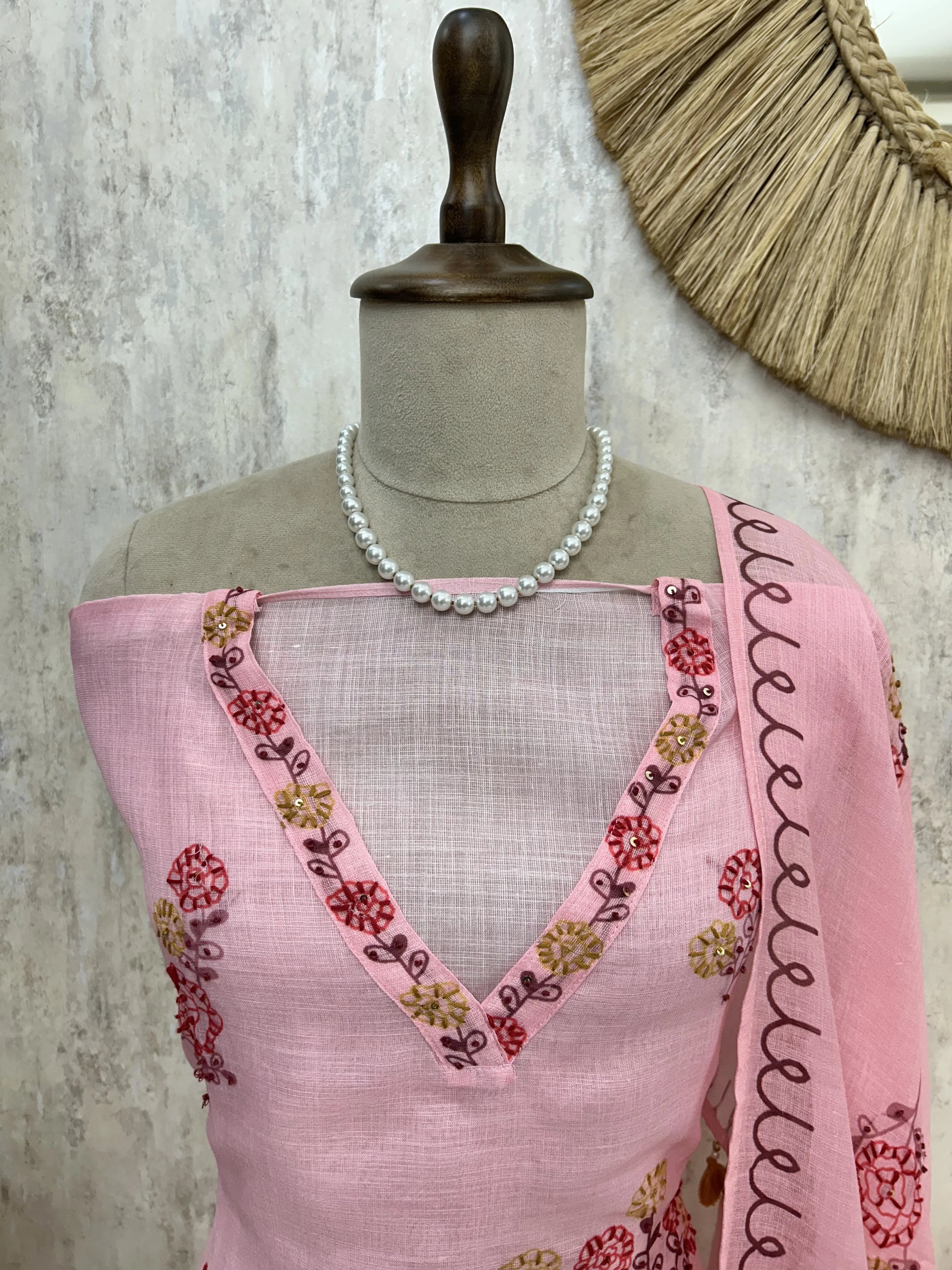 Linen Unstitched Suit Set With Kantha Work & Bird Motif