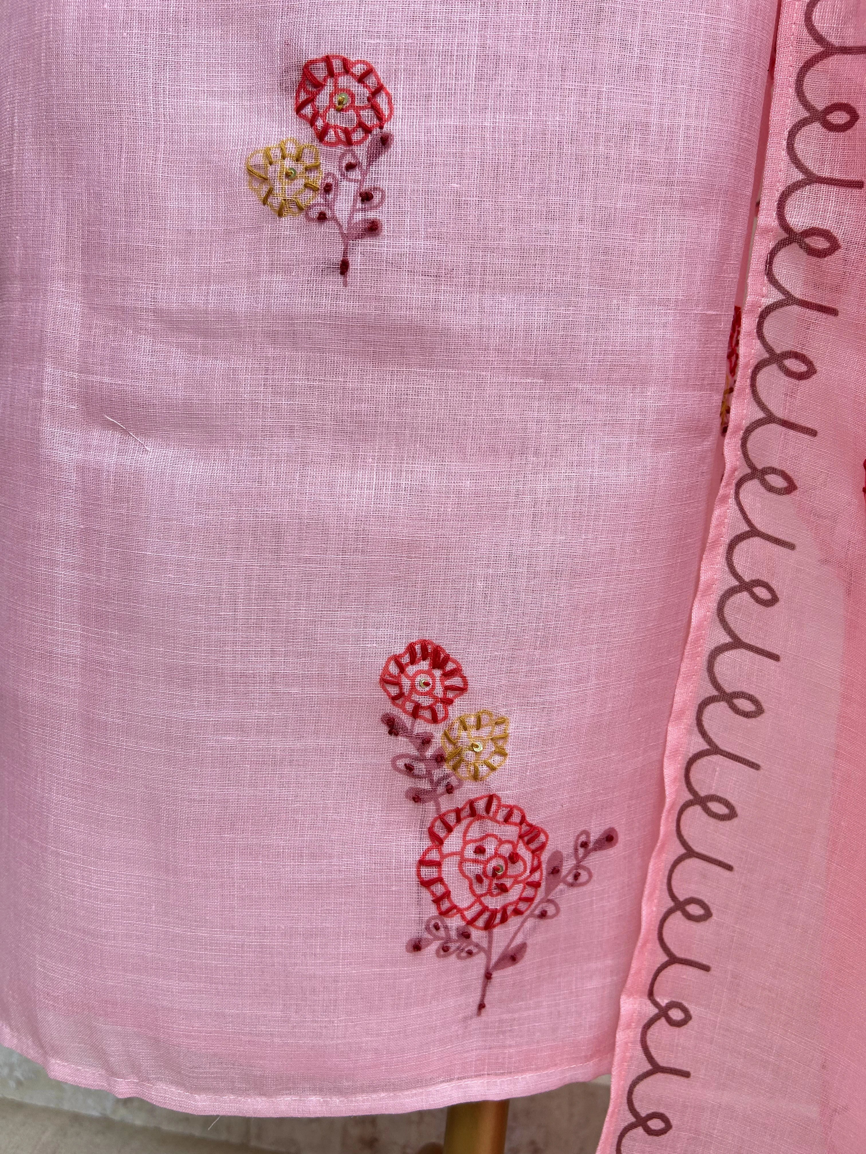 Linen Unstitched Suit Set With Kantha Work & Bird Motif
