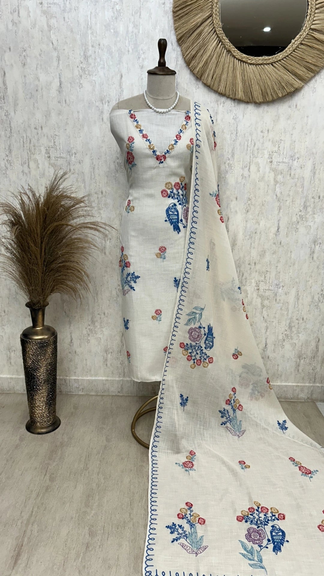 Linen Unstitched Suit Set With Kantha Work & Bird Motif