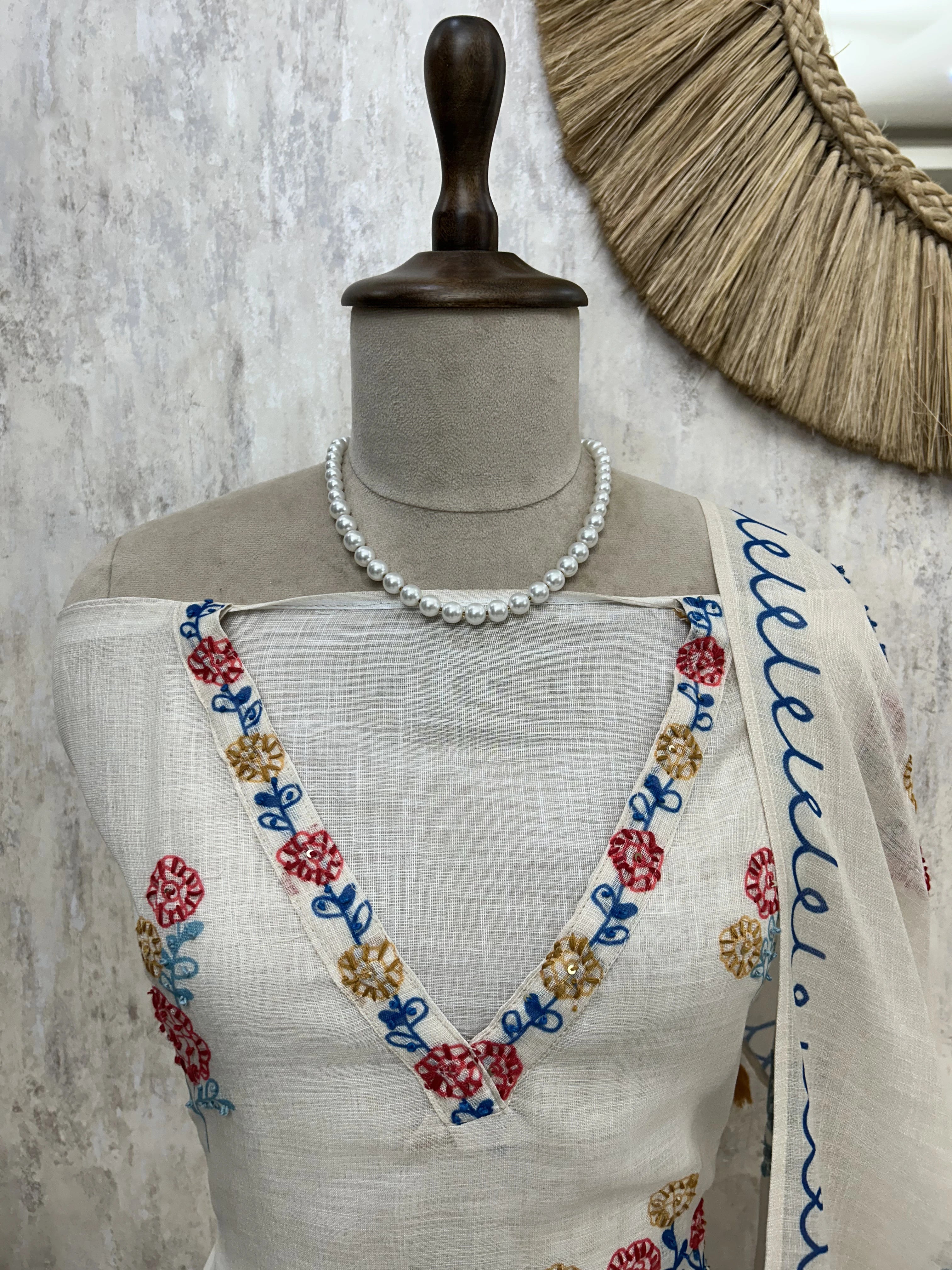 Linen Unstitched Suit Set With Kantha Work & Bird Motif