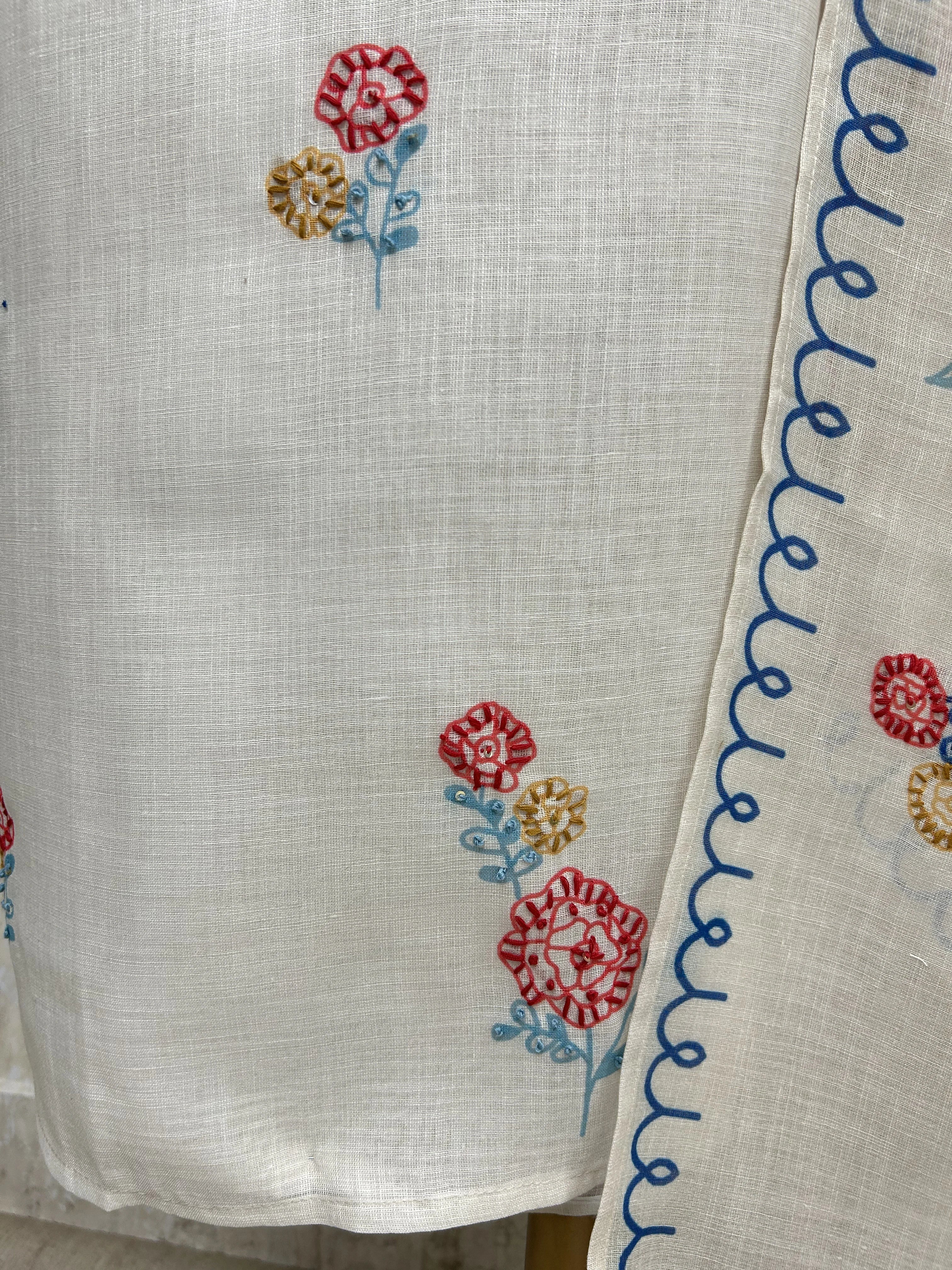 Linen Unstitched Suit Set With Kantha Work & Bird Motif