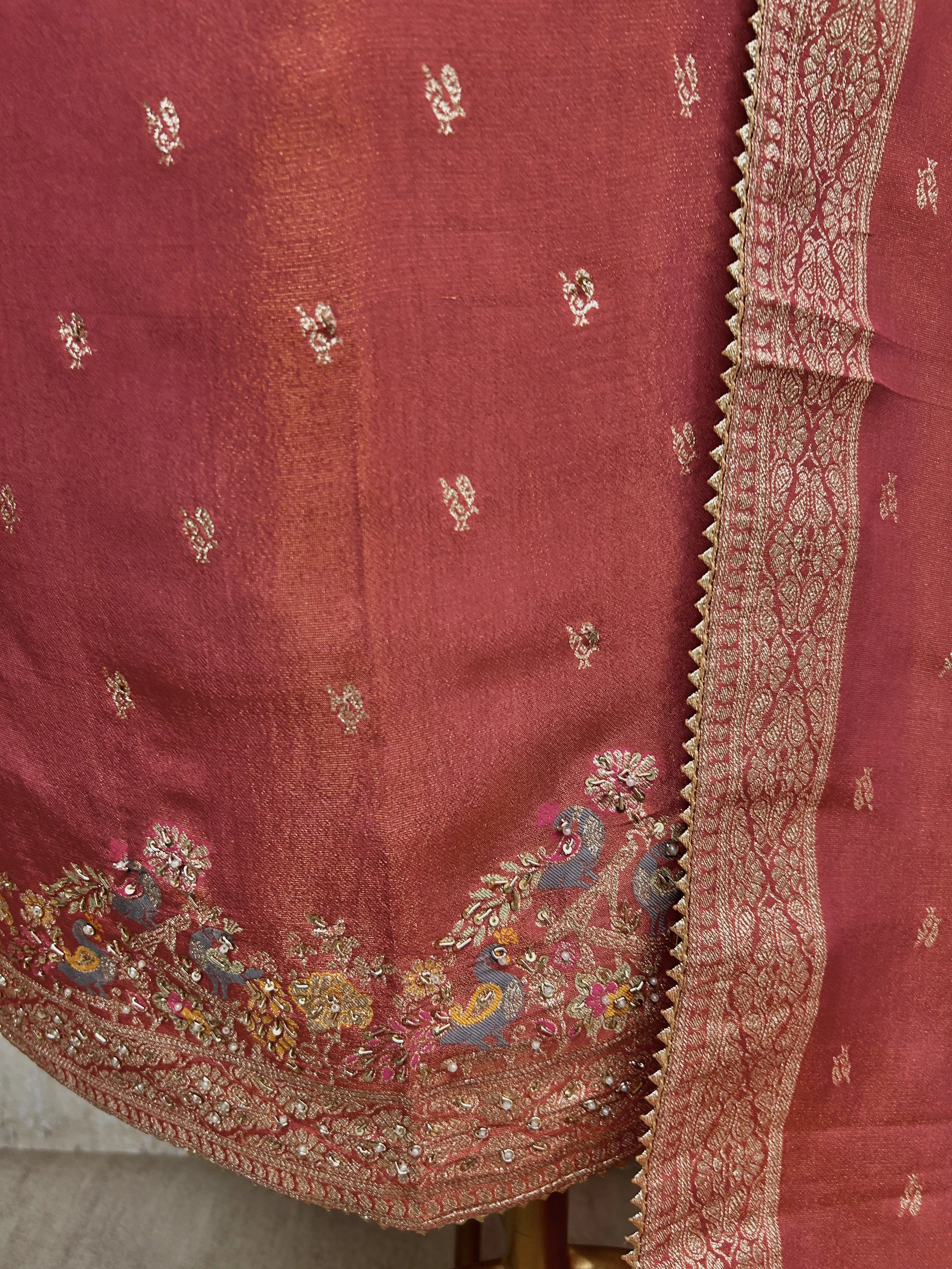 Tissue Unstitched Suit Set With Embroidered Hemline