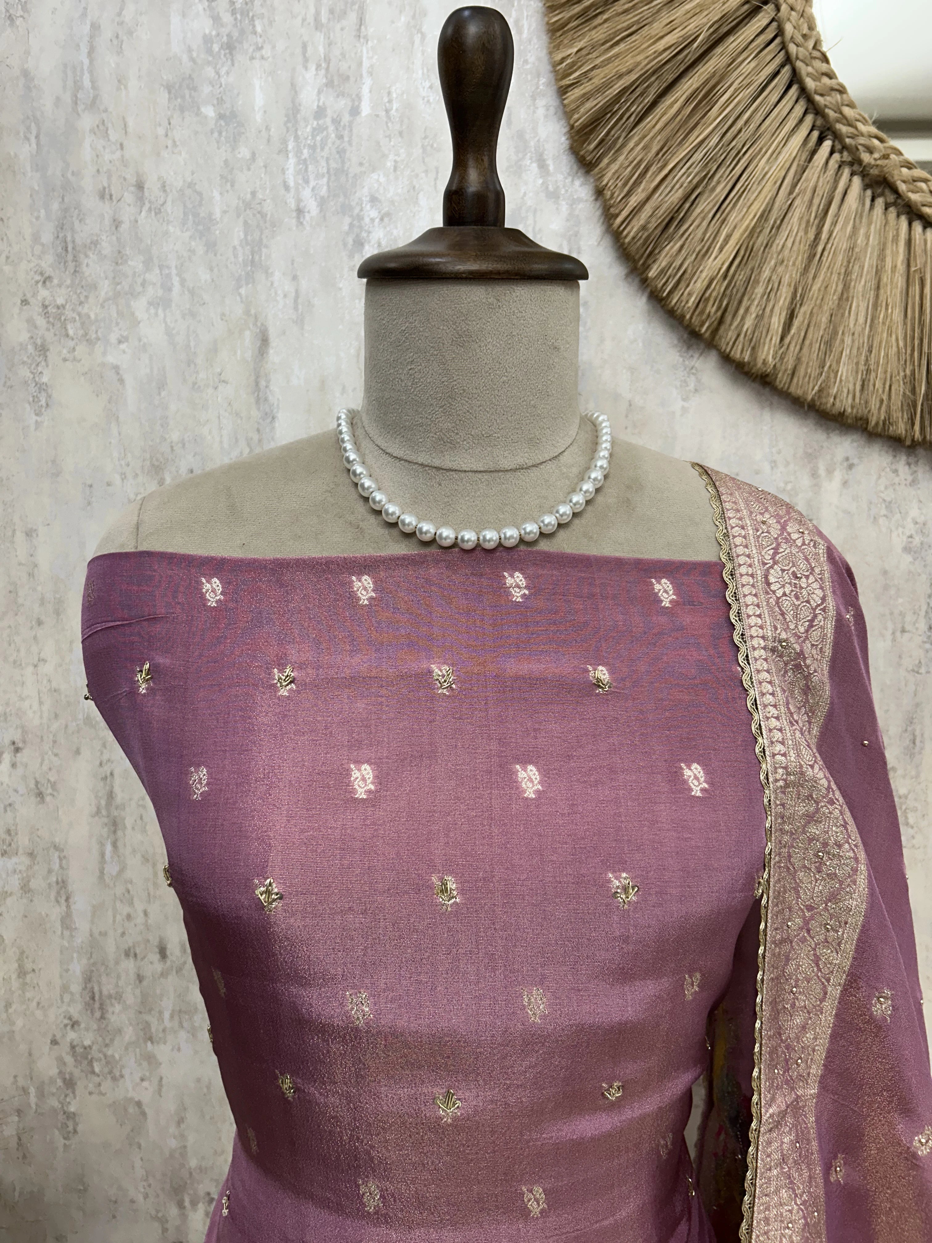 Tissue Unstitched Suit Set With Embroidered Hemline