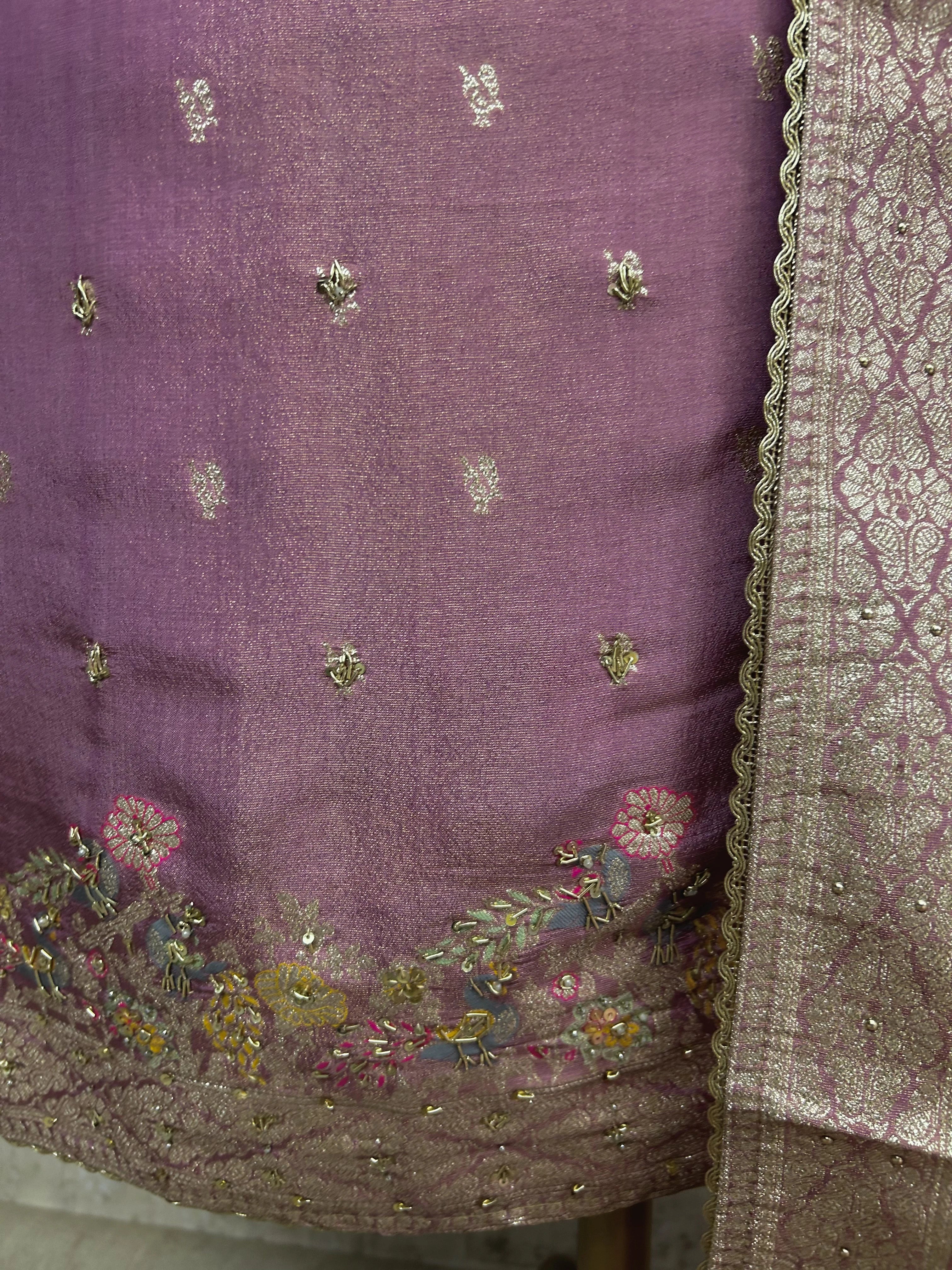 Tissue Unstitched Suit Set With Embroidered Hemline