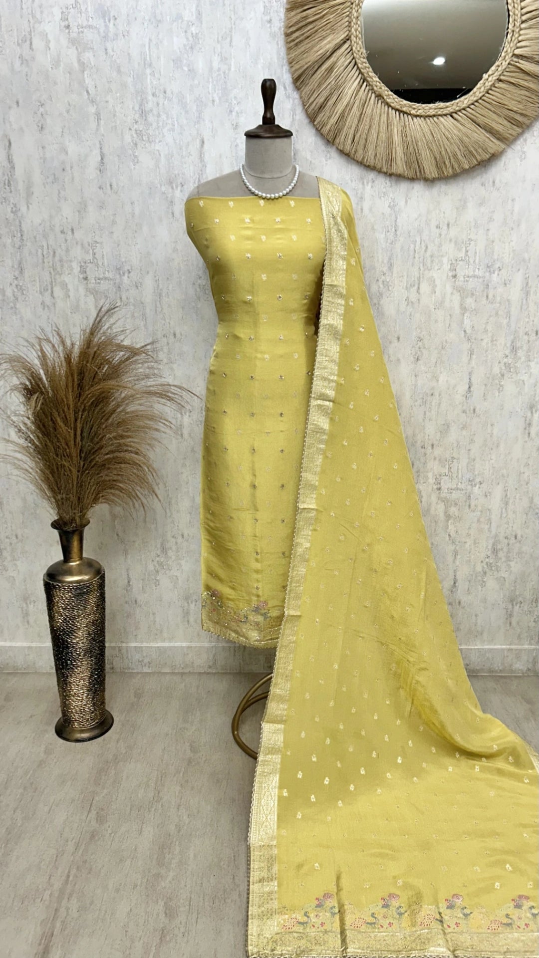 Tissue Unstitched Suit Set With Embroidered Hemline