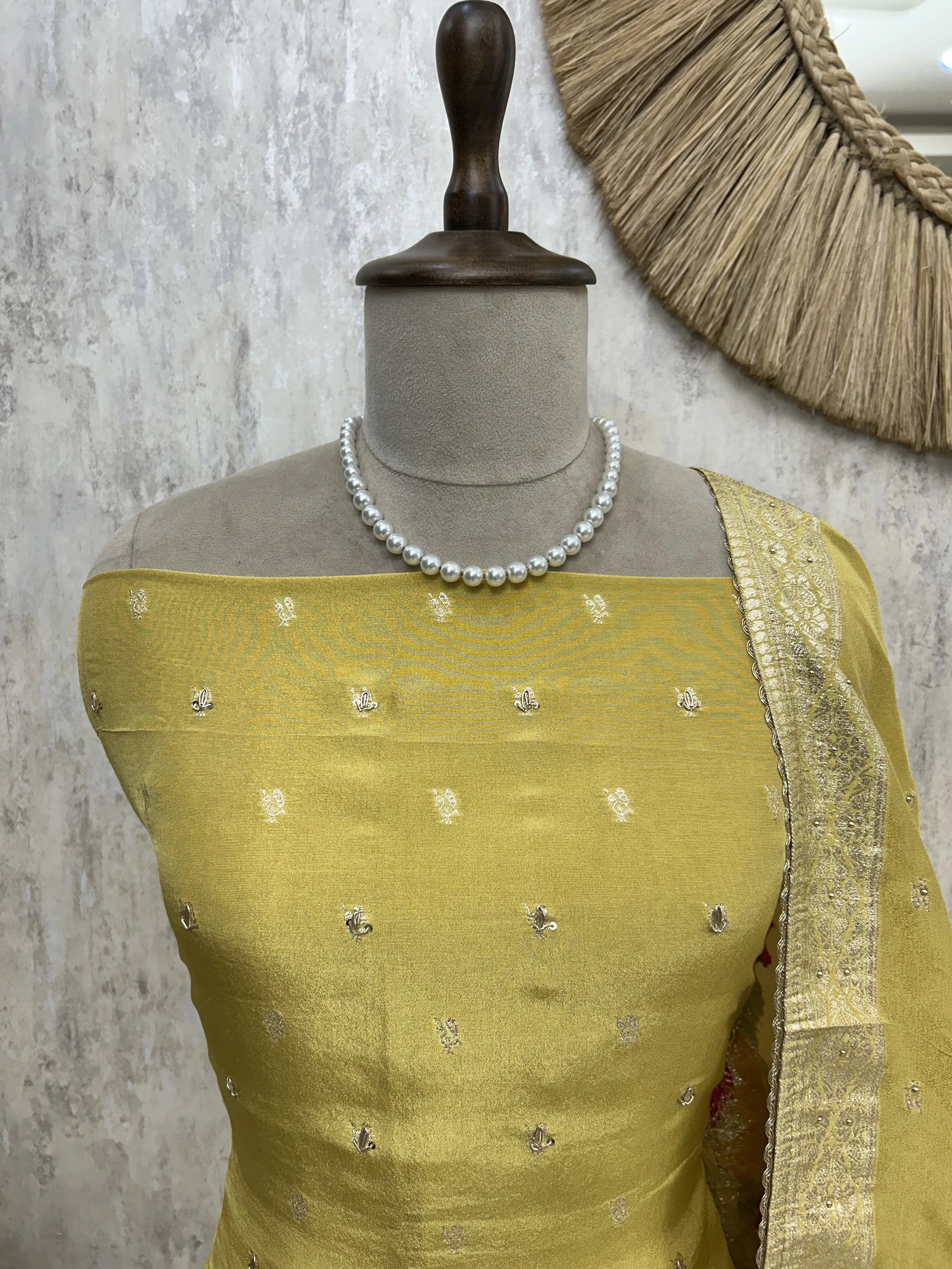 Tissue Unstitched Suit Set With Embroidered Hemline