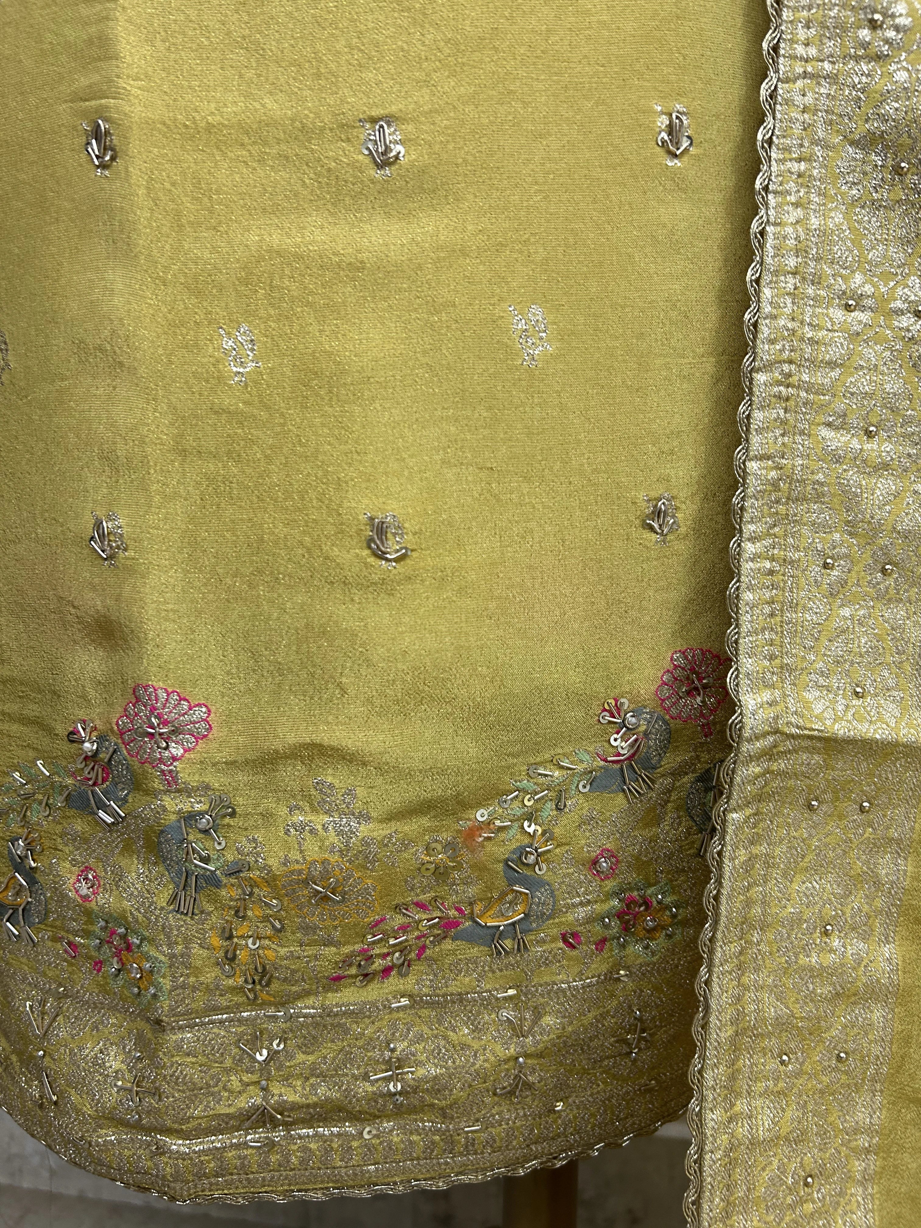 Tissue Unstitched Suit Set With Embroidered Hemline