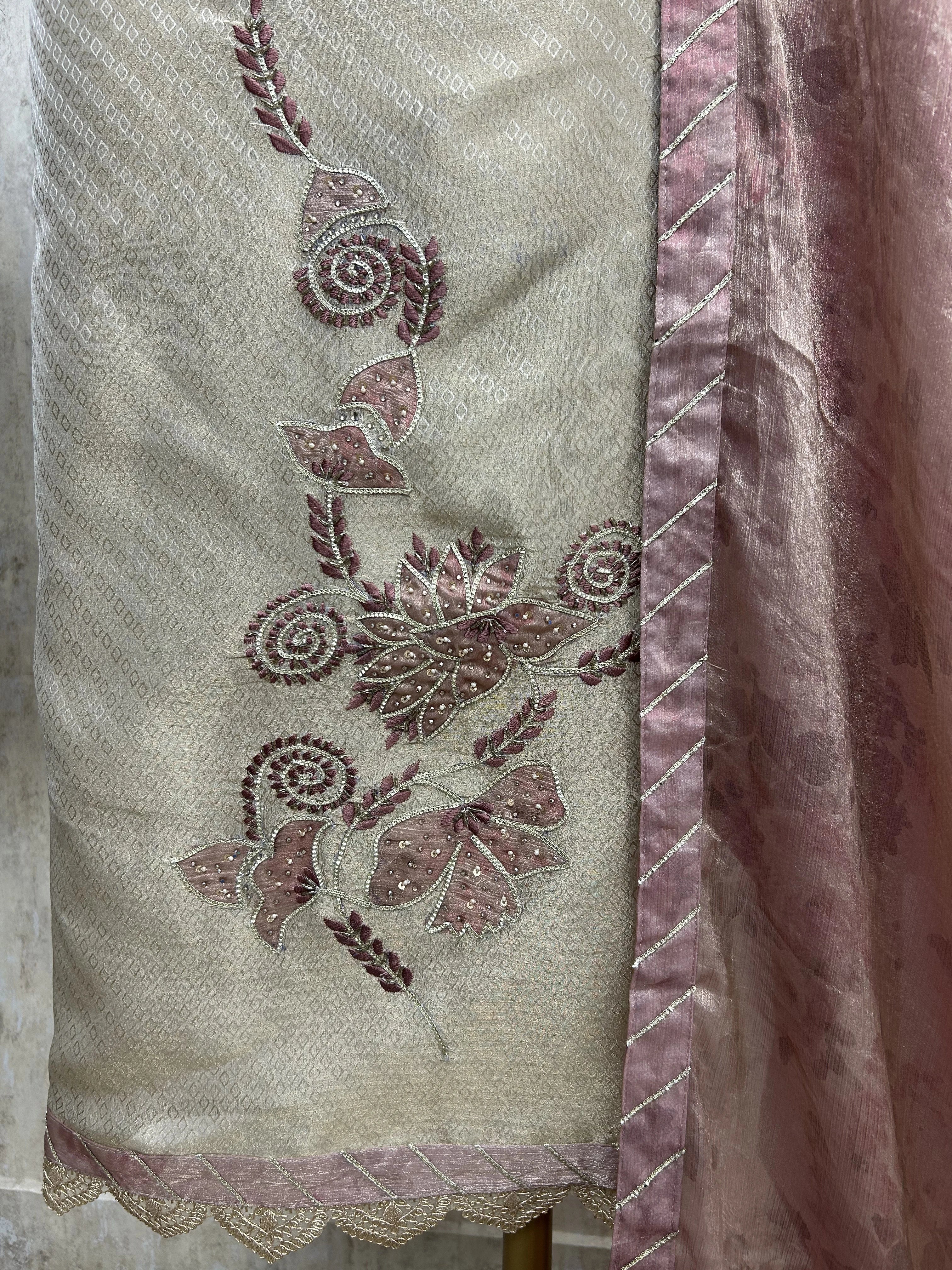 Tissue Silk Unstitched Suit Set With Applique Work