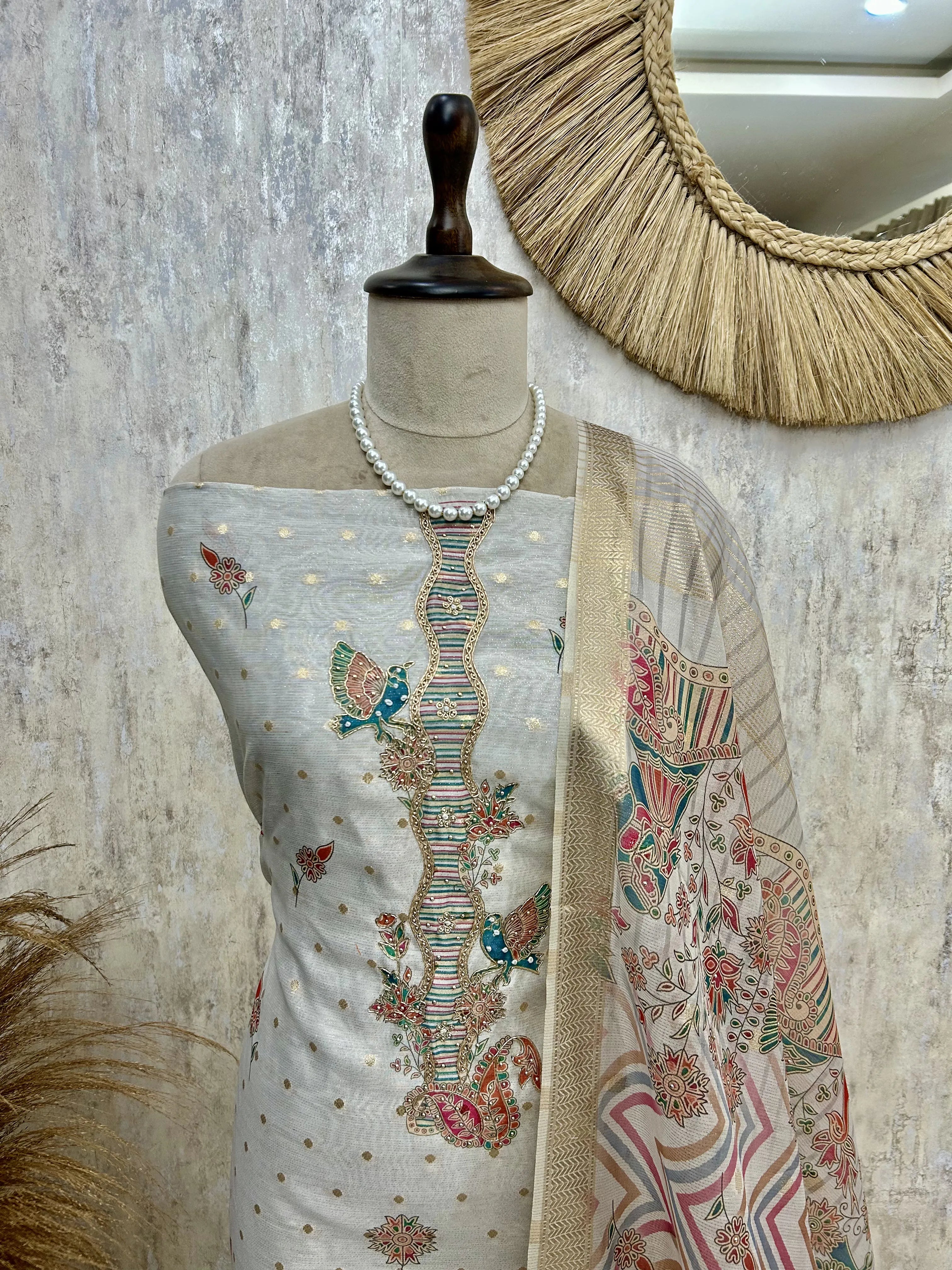 Folk Motifs Maheshwari Unstitched Suit