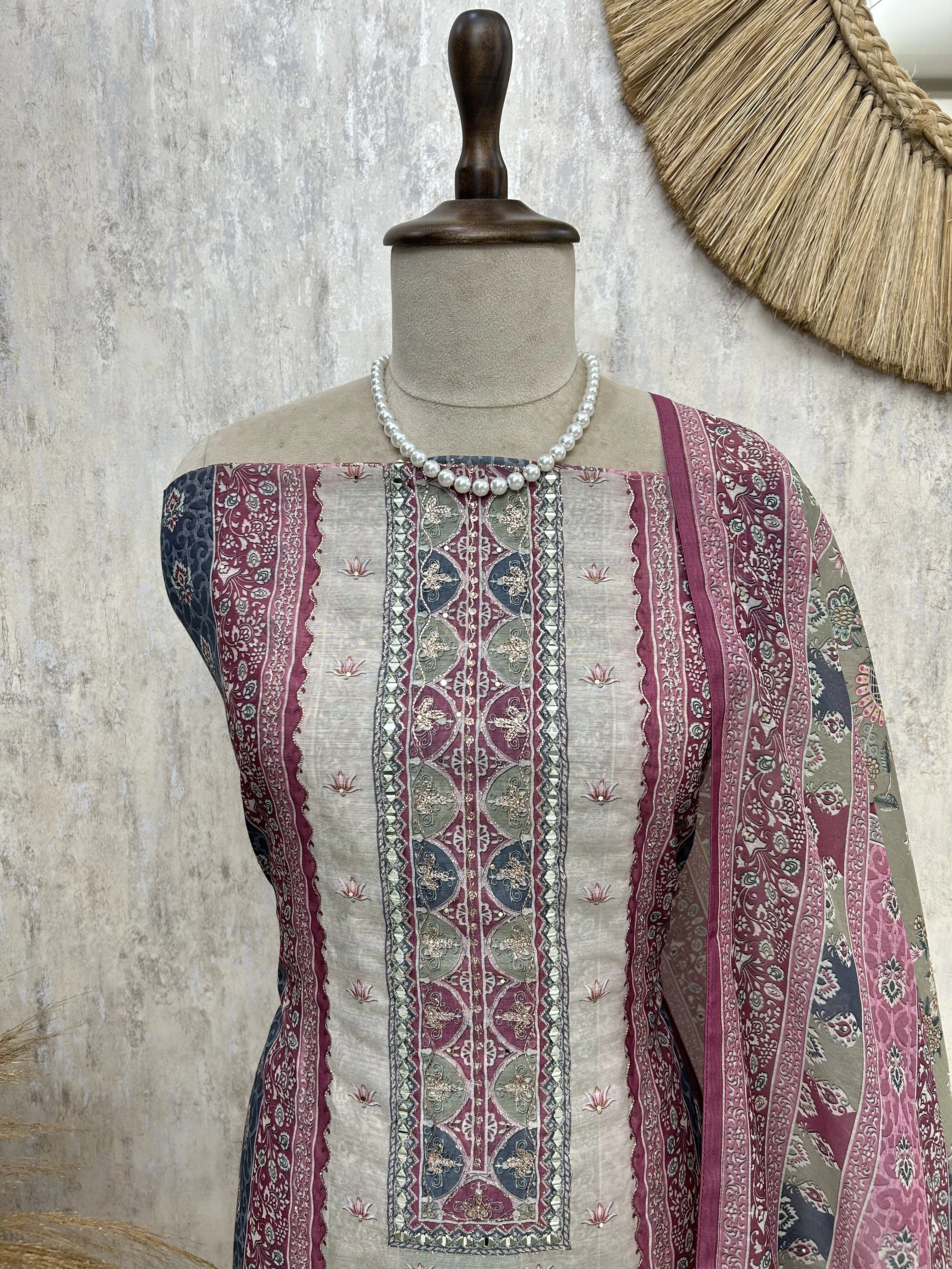 Maheshwari Unstitched Suit Set With Zari Work
