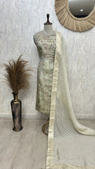 Tissue Silk Unstitched  Suit Set With Embroidered Neckline