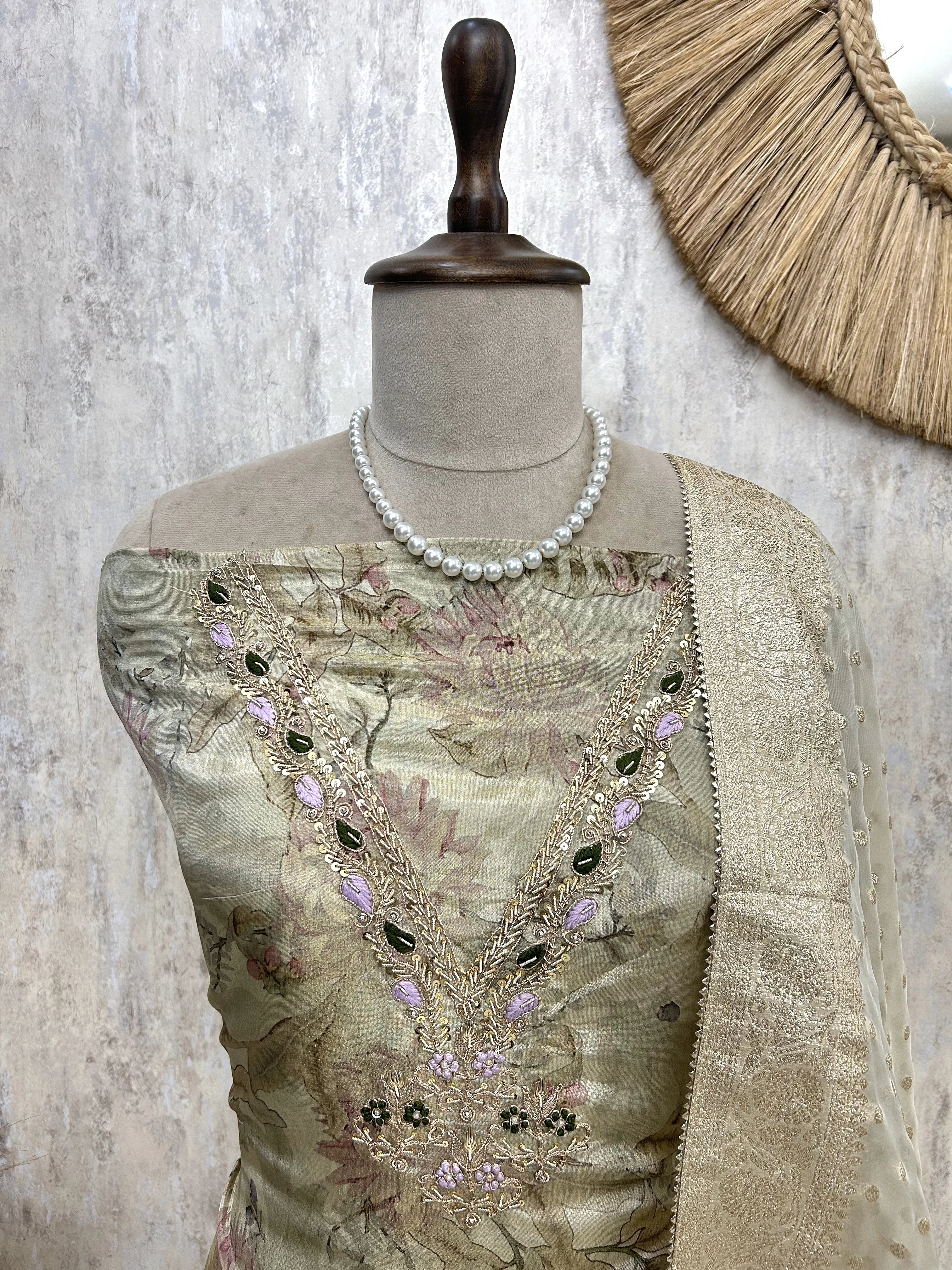 Tissue Silk Unstitched  Suit Set With Embroidered Neckline