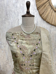 Tissue Silk Unstitched  Suit Set With Embroidered Neckline