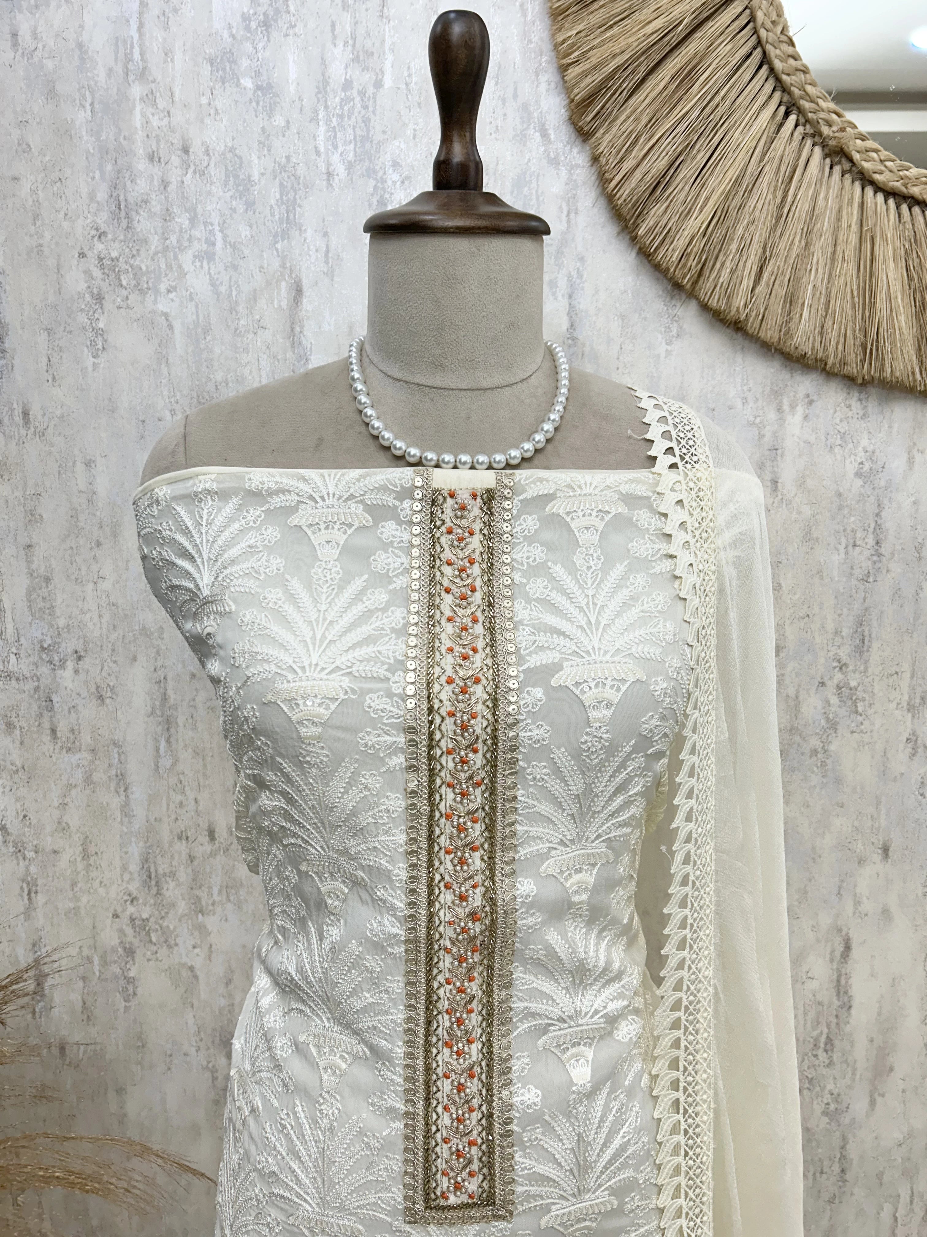 Thread Embroidered Organza Unstitched Suit