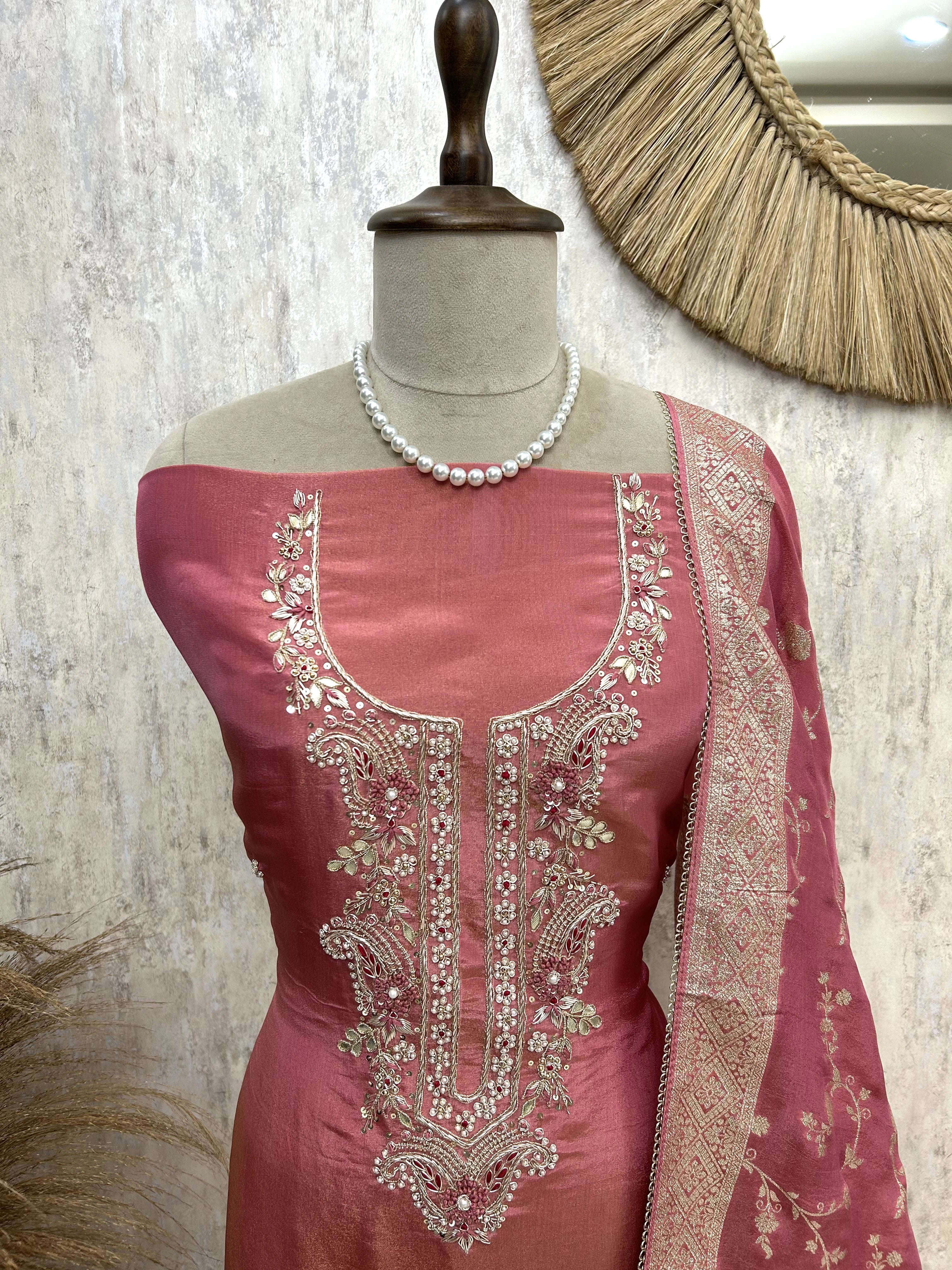 Tissue Silk Unstitched Suit Set With Intricate Handwork