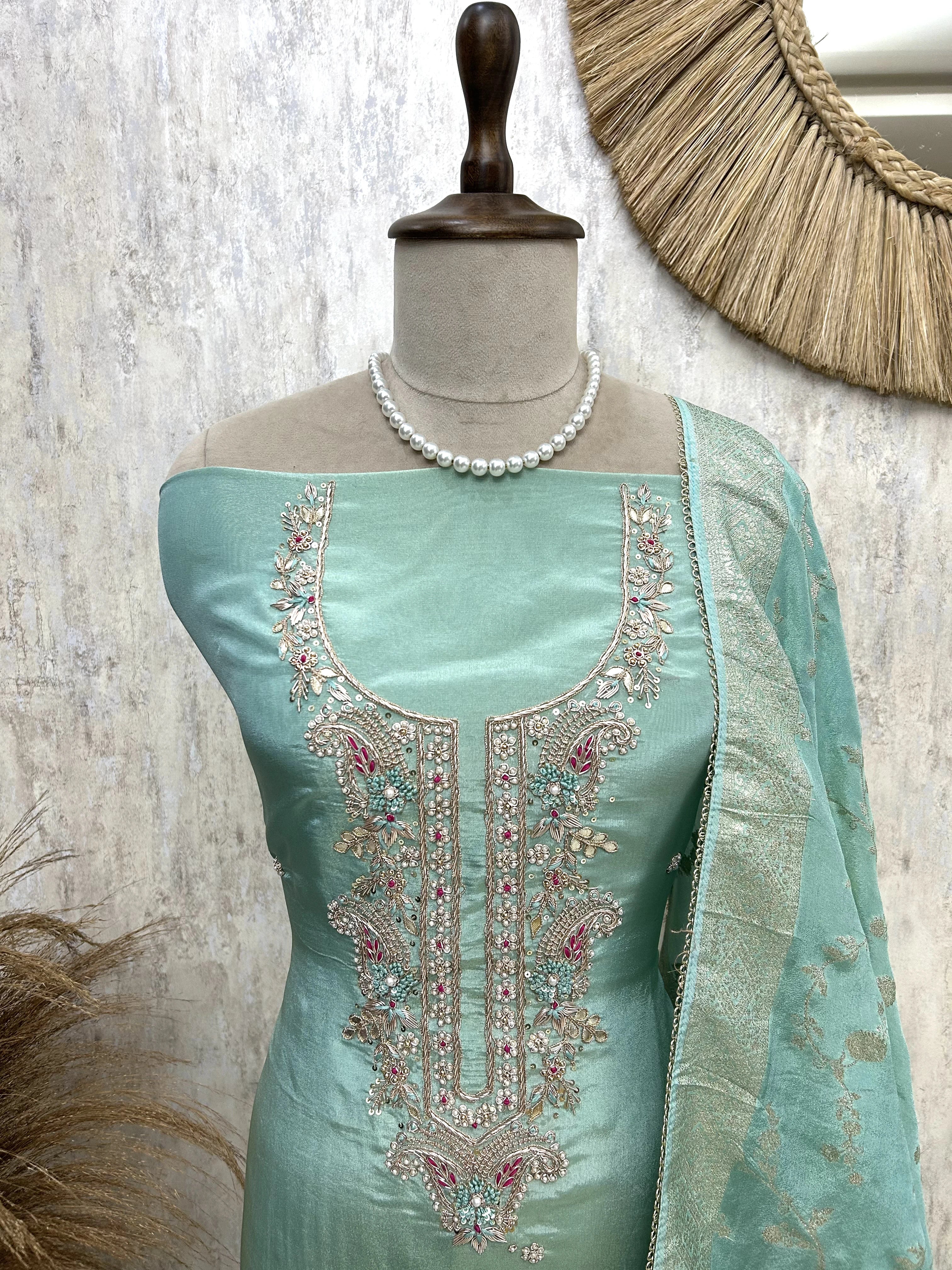 Tissue Silk Unstitched Suit Set With Intricate Handwork