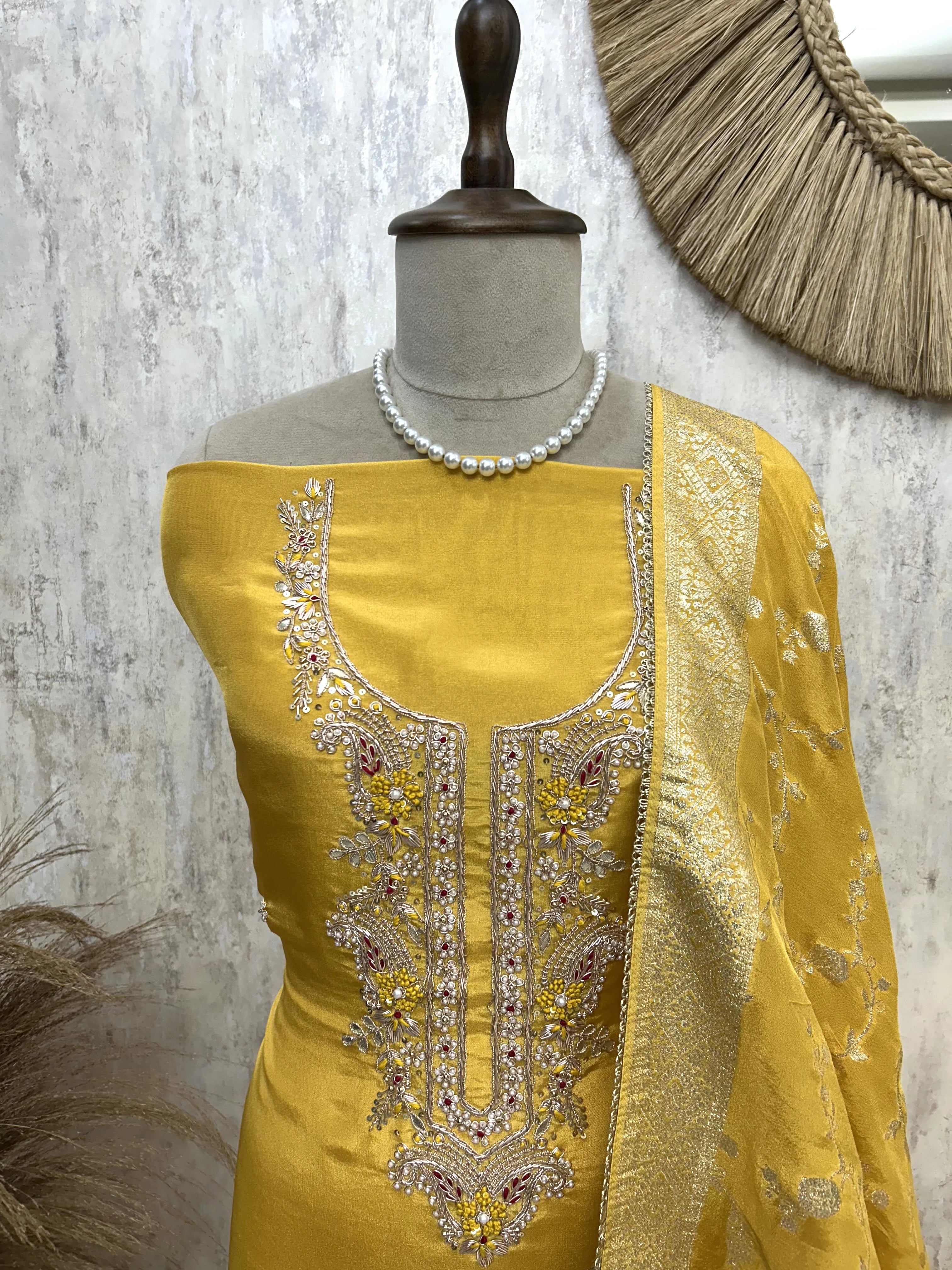 Tissue Silk Unstitched Suit Set With Intricate Handwork